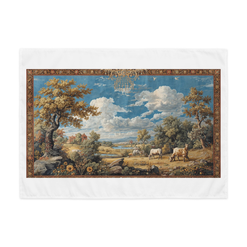 Indoor wall tapestry - A richly detailed indoor wall tapestry, woven with intricate patterns and vibrant threads, depicting a serene pastoral landscape under a clear blue sky.