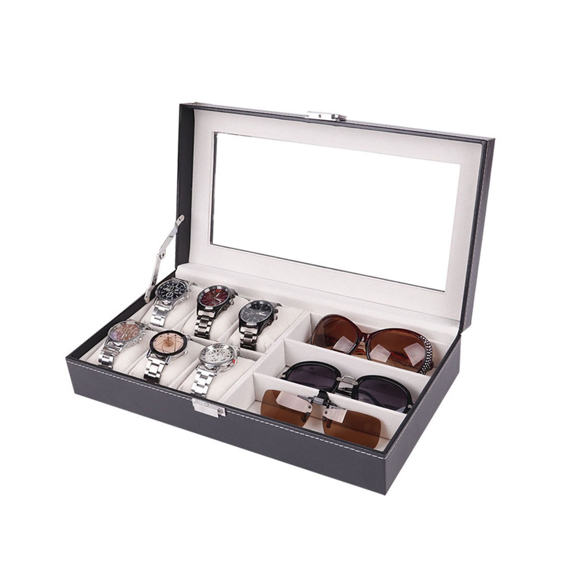 Luxury Display Storage Boxes Rectangle Shape Leather Watch Case with Lock for Sunglasses Glasses
