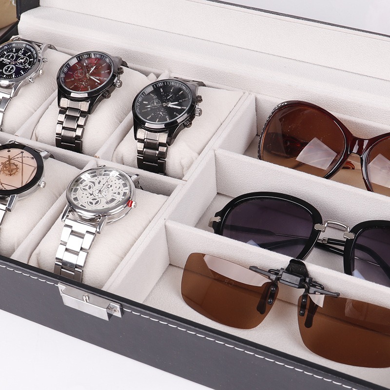 Luxury Display Storage Boxes Rectangle Shape Leather Watch Case with Lock for Sunglasses Glasses
