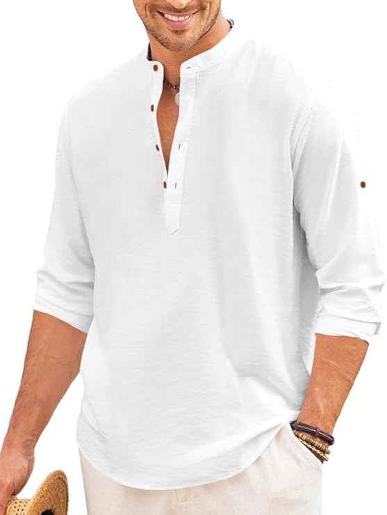 Men's White Casual Henley Shirt