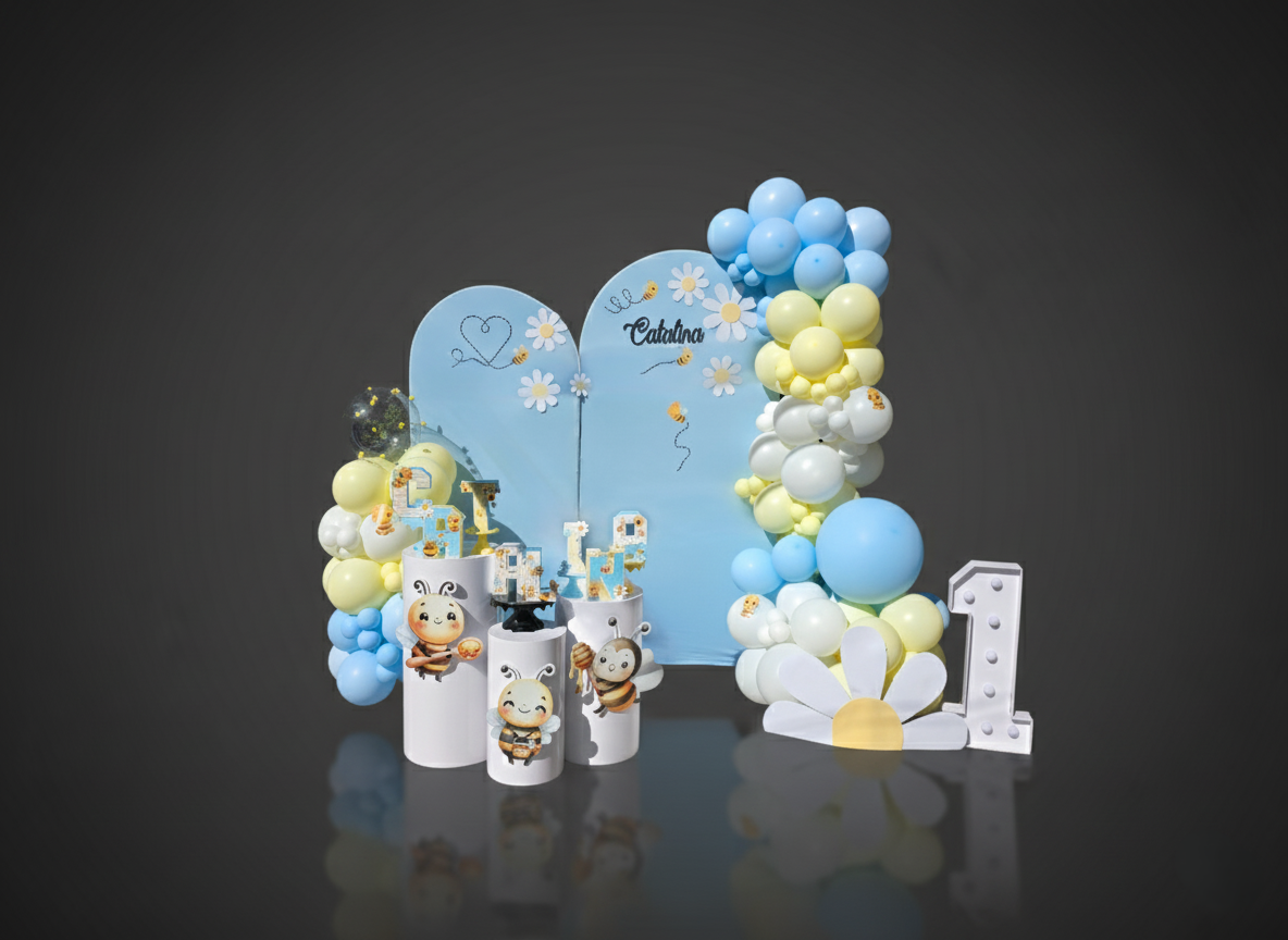 Set Bee Pastel — Photocall azul con abejitas y margaritas