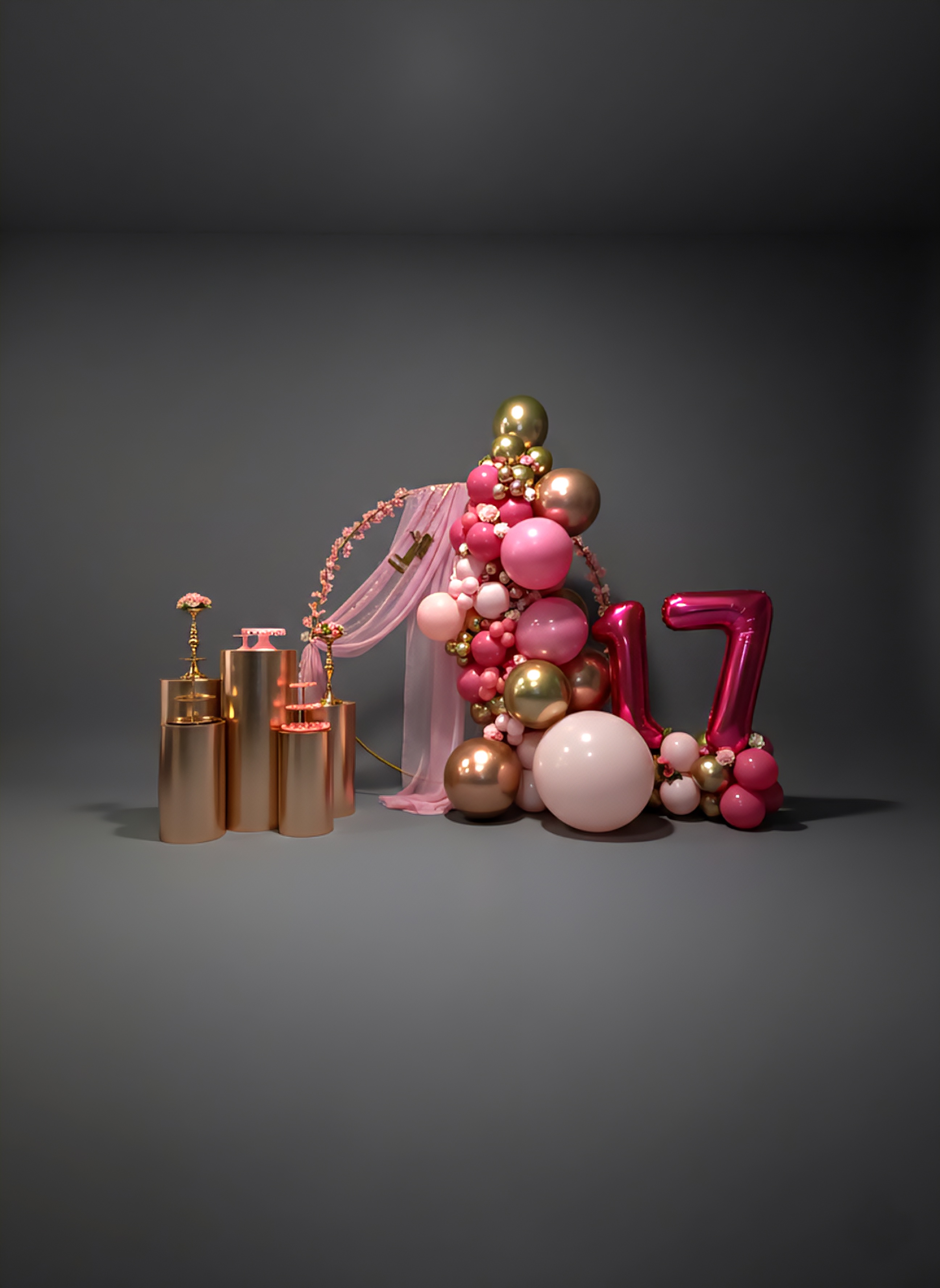 Set Rosé Glamur — Photocall rosa & dorado con velo