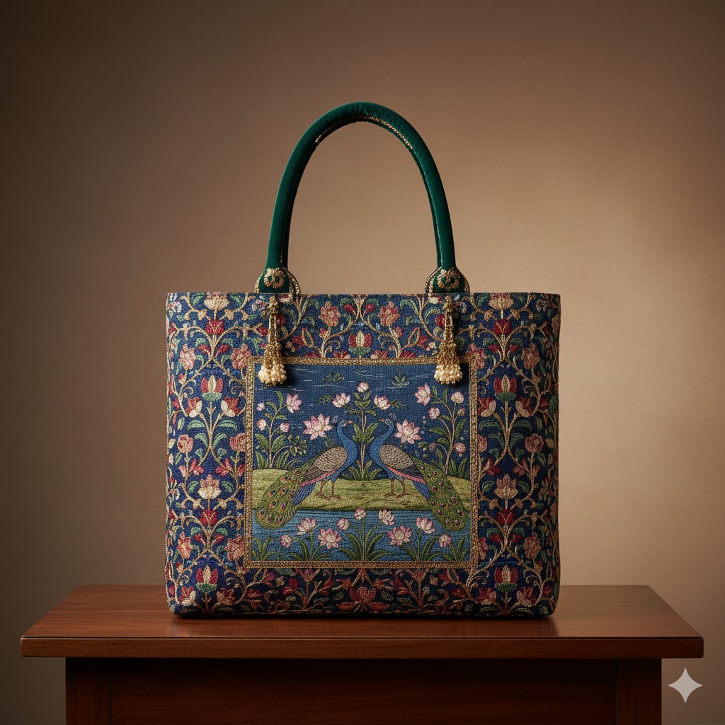 Royal Mughal Blue Peacock Tapestry Tote – Artisan Heritage Edition