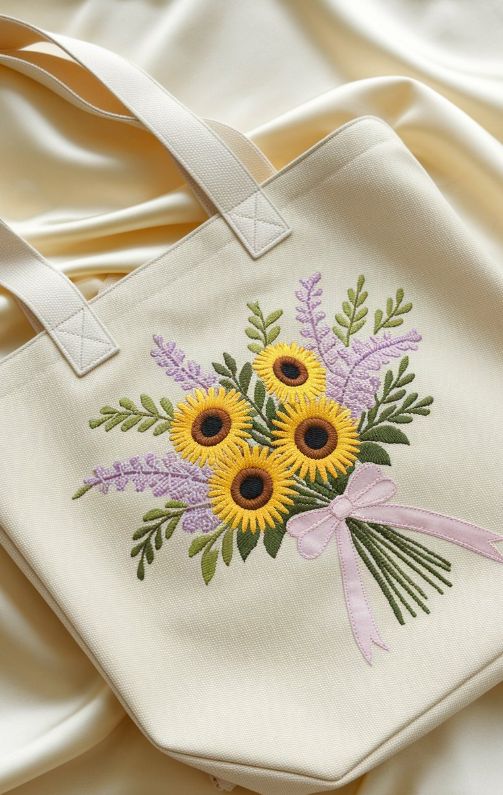 Sunflower Bouquet Embroidered Canvas Tote