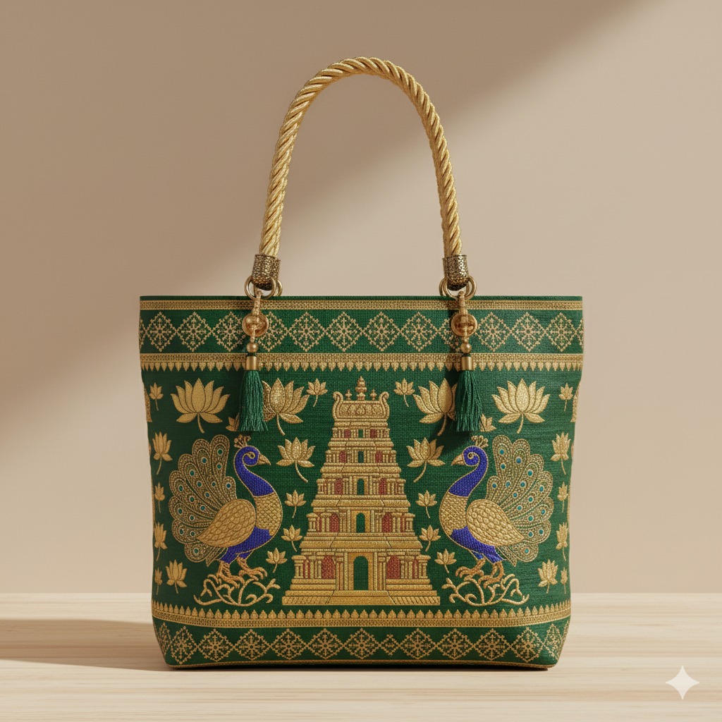 Temple & Peacock Banarasi Embroidered Tote – Ethnic Luxe Edition