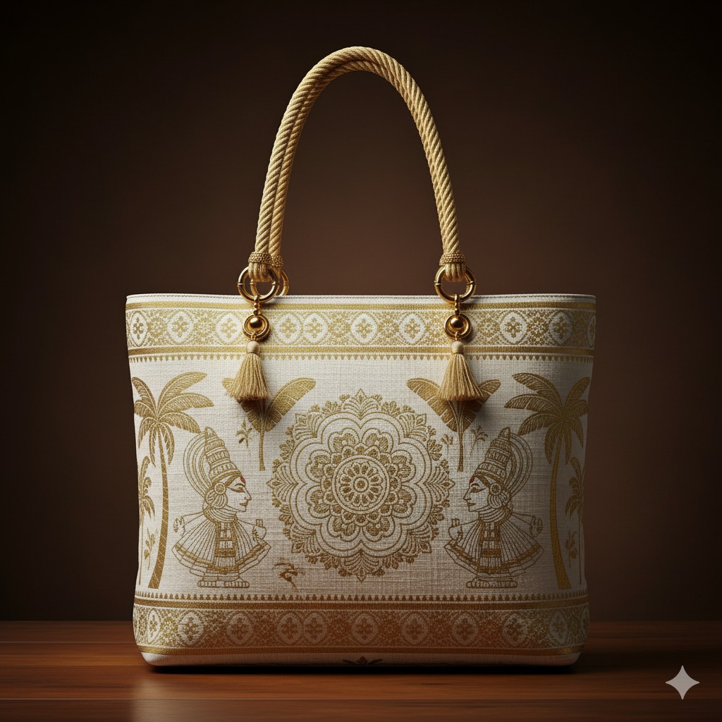 Kerala Mural Embroidered Tote Bag – Elegant Ivory Gold, Traditional Kathakali Art