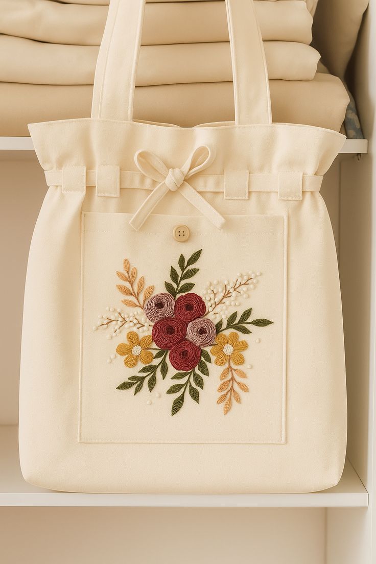 Elegant Bow & Floral Embroidered Tote – Premium Canvas Edition