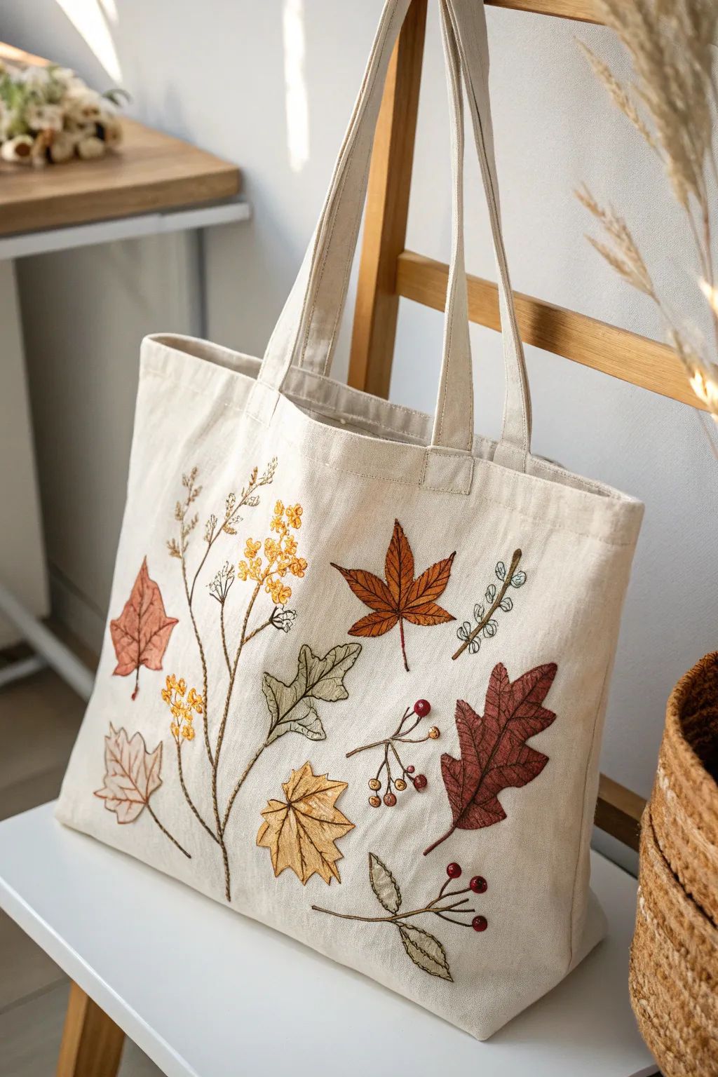 Autumn Leaves Hand-Embroidered Canvas Tote 