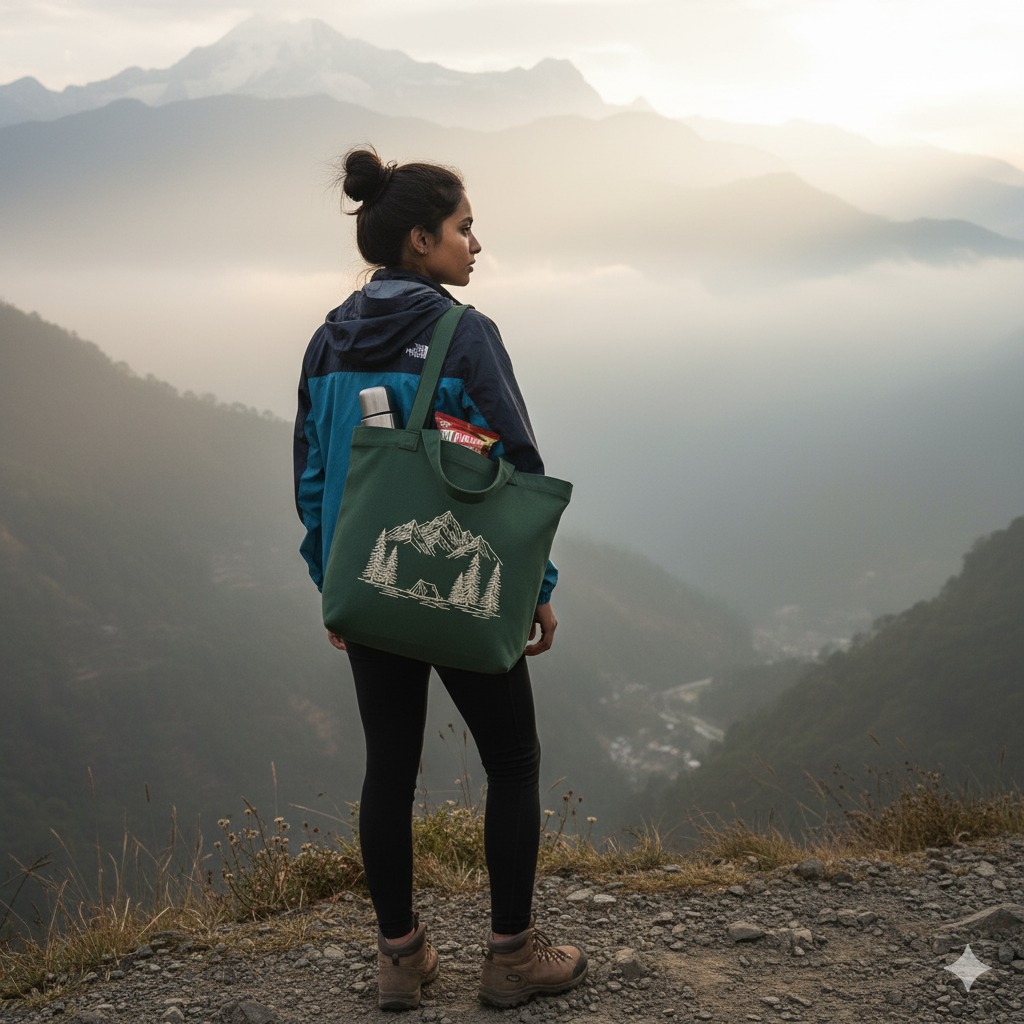 Mountain Camping Tote Bag – Green Eco Canvas