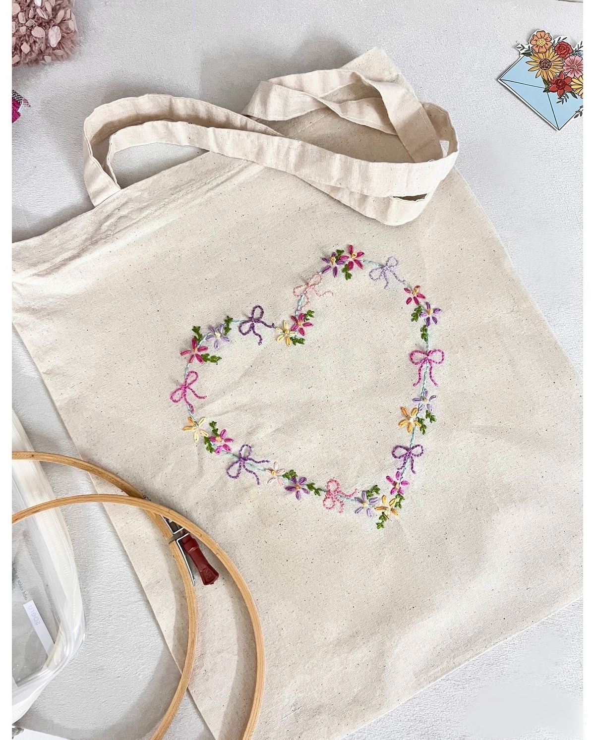 Hand-Embroidered Heart Wreath Floral Tote 