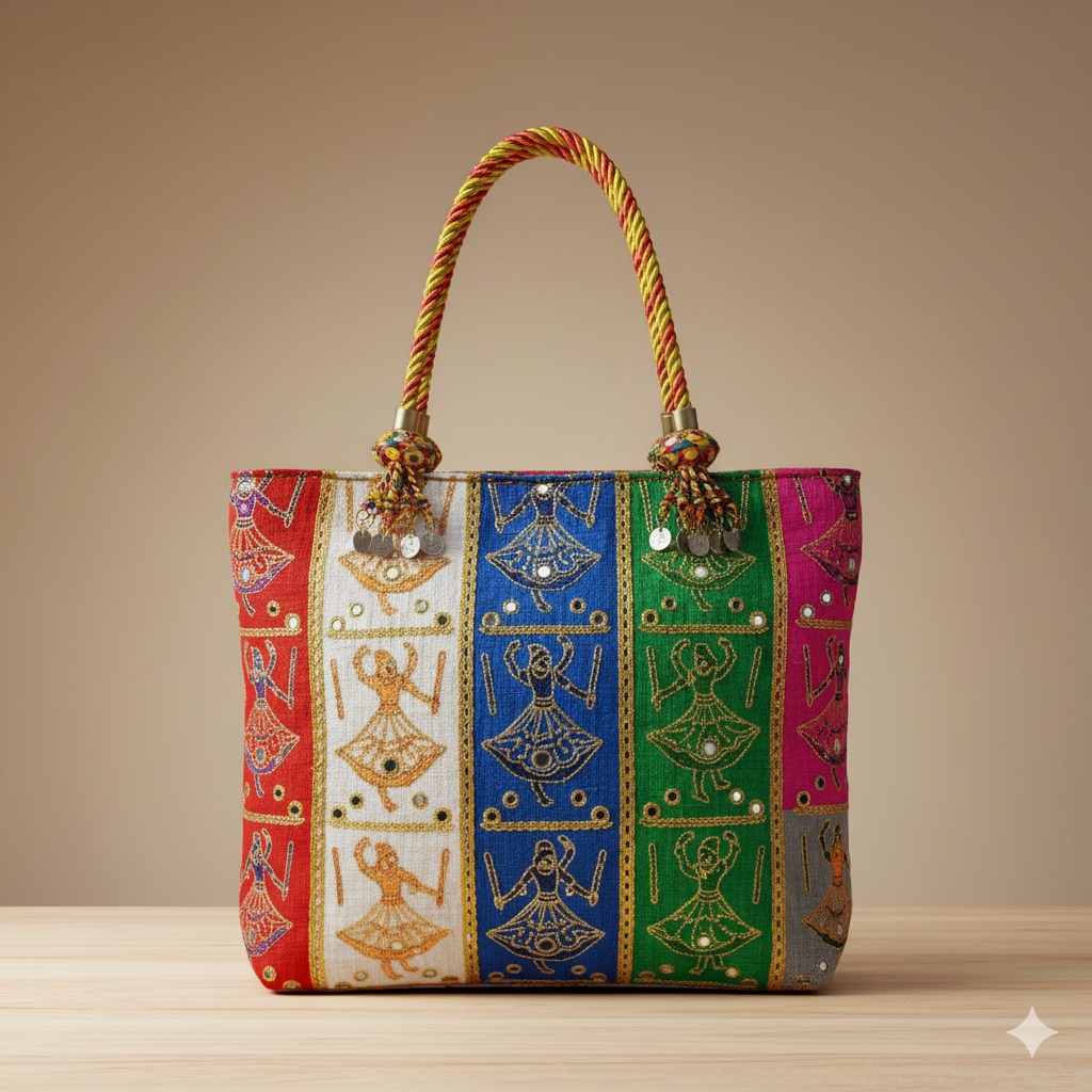 Multicolor Ethnic Embroidered Tote Bag – Tribal Dandiya Design, Handcrafted