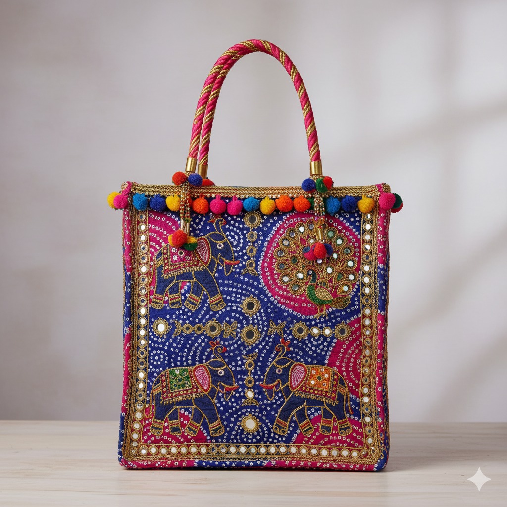 Royal Blue Embroidered Tote Bag – Elephant Motif, Mirror Work