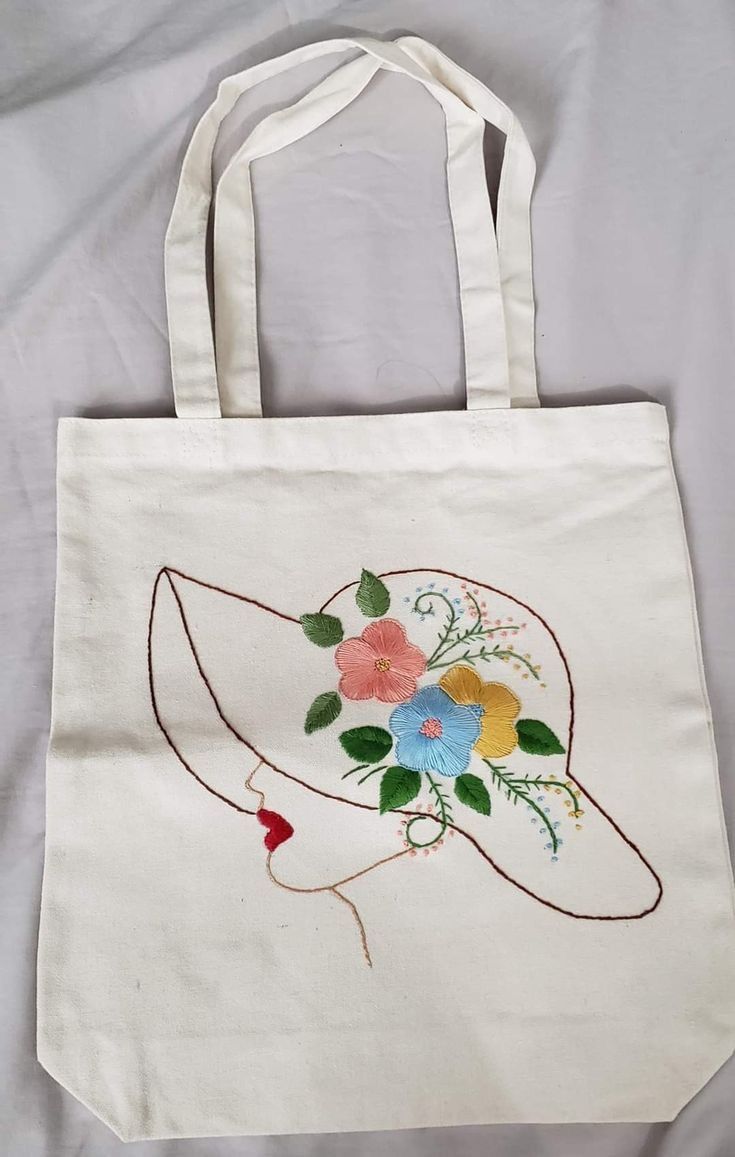 Artistic Floral Hat Embroidered Tote 