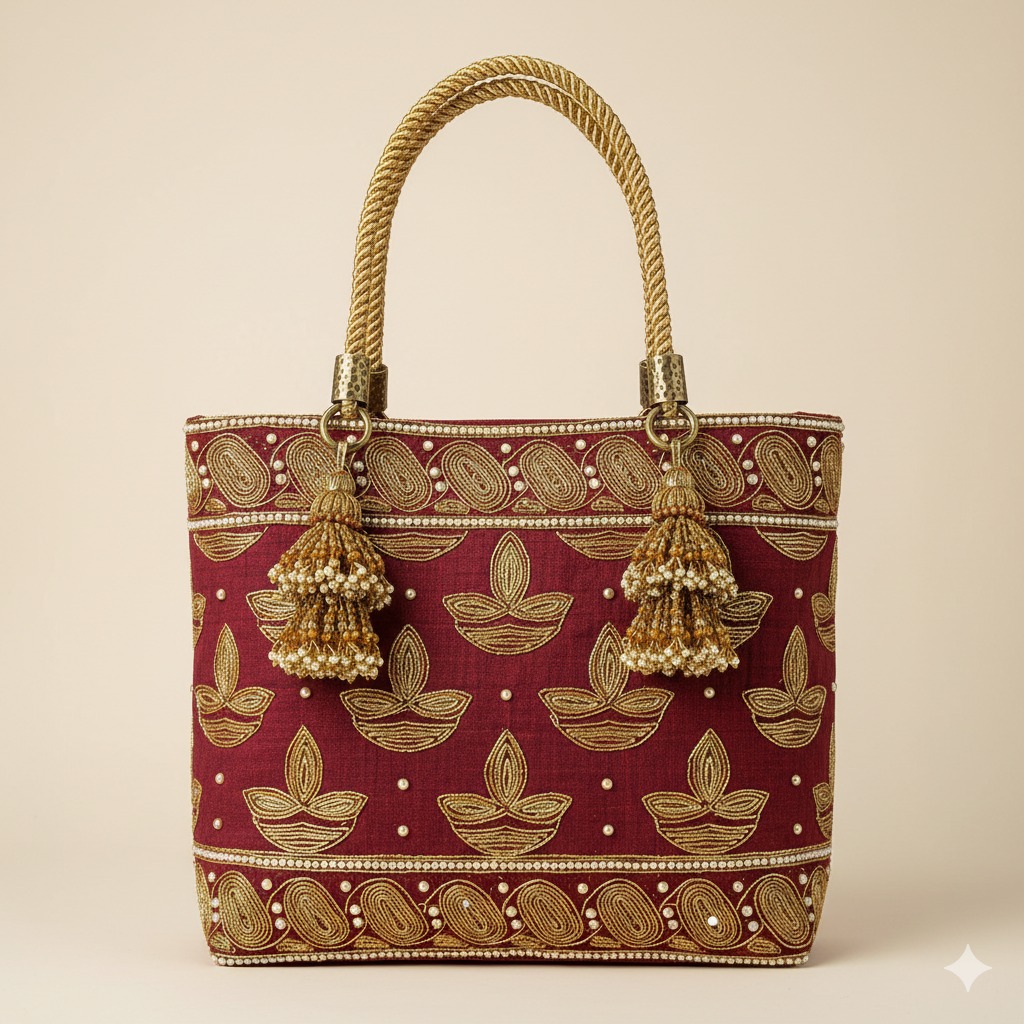 Maroon and Gold Embroidered Tote Bag – Festive Diya Motif, Handcrafted