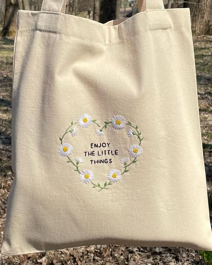 Enjoy the Little Things Embroidered Floral Canvas Tote