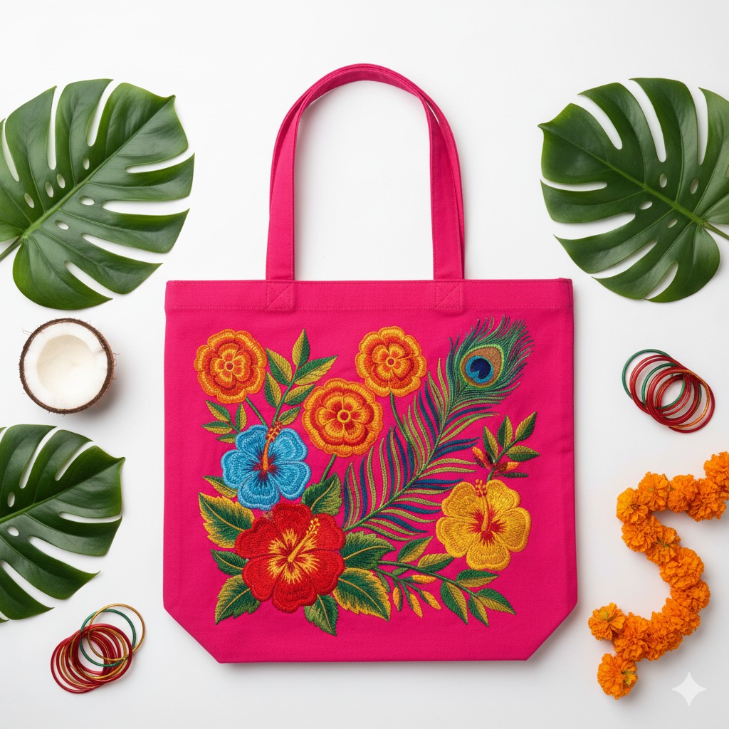 Tropical Floral Pink Tote Bag – Peacock Feather Embroidery
