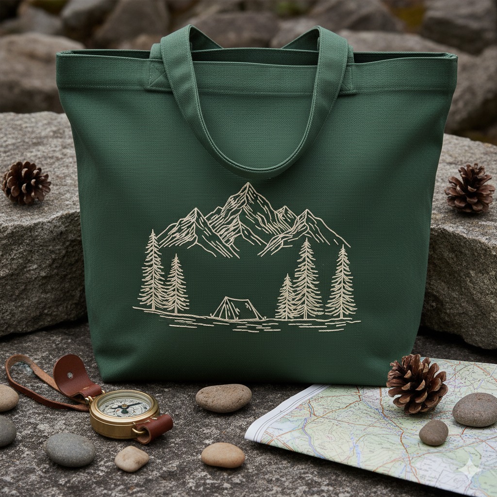 Mountain Camping Tote Bag – Green Eco Canvas
