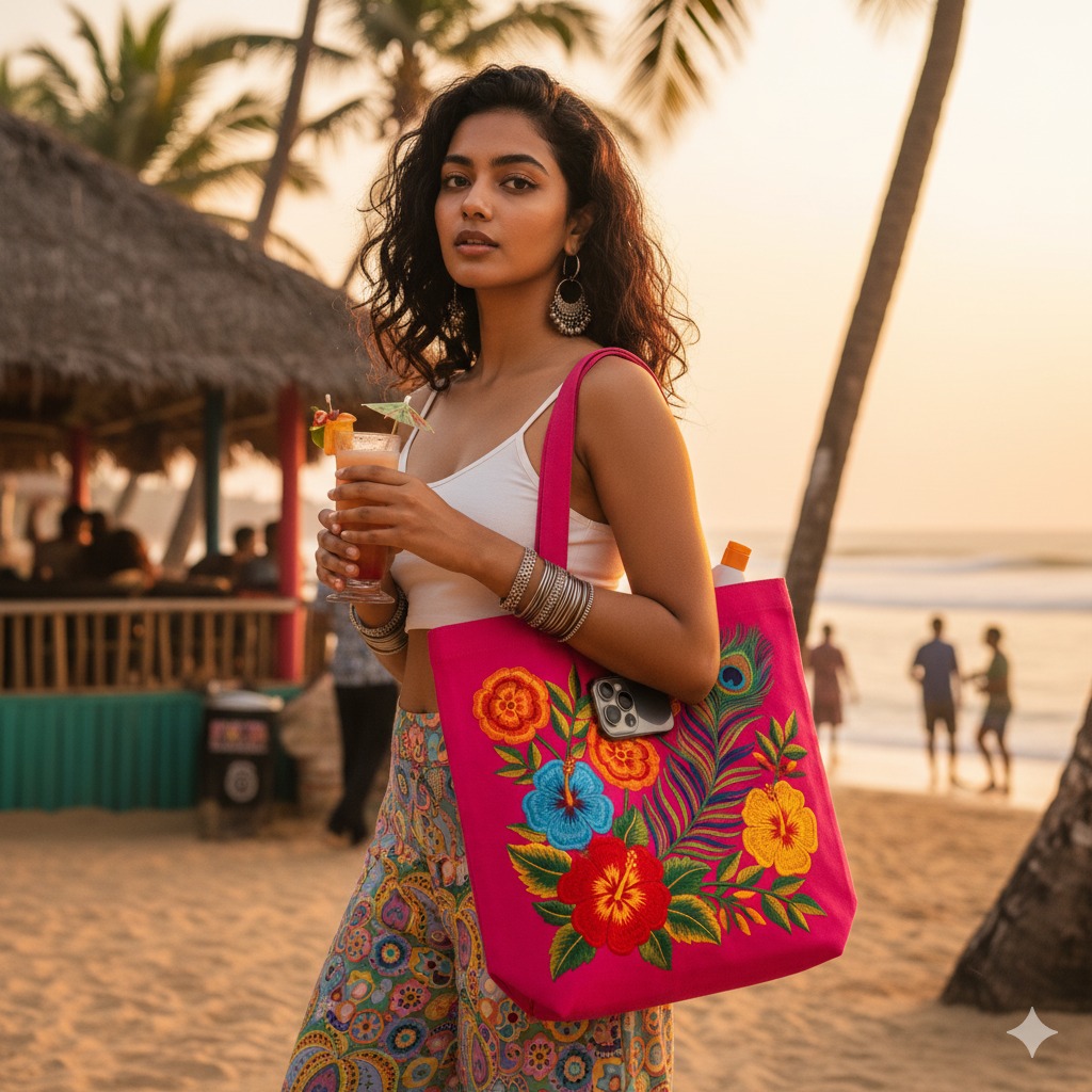 Tropical Floral Pink Tote Bag – Peacock Feather Embroidery