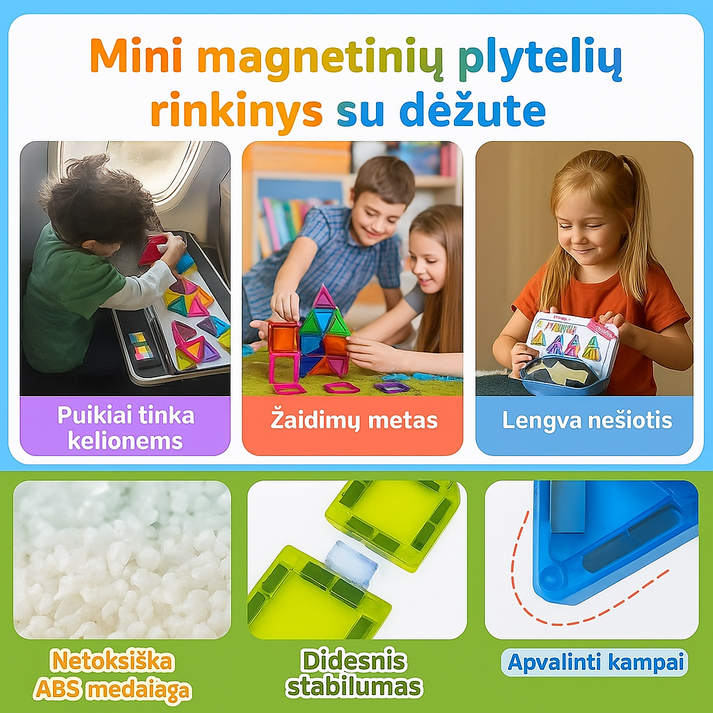Mini magnetinių plytelių rinkinys su dėžute