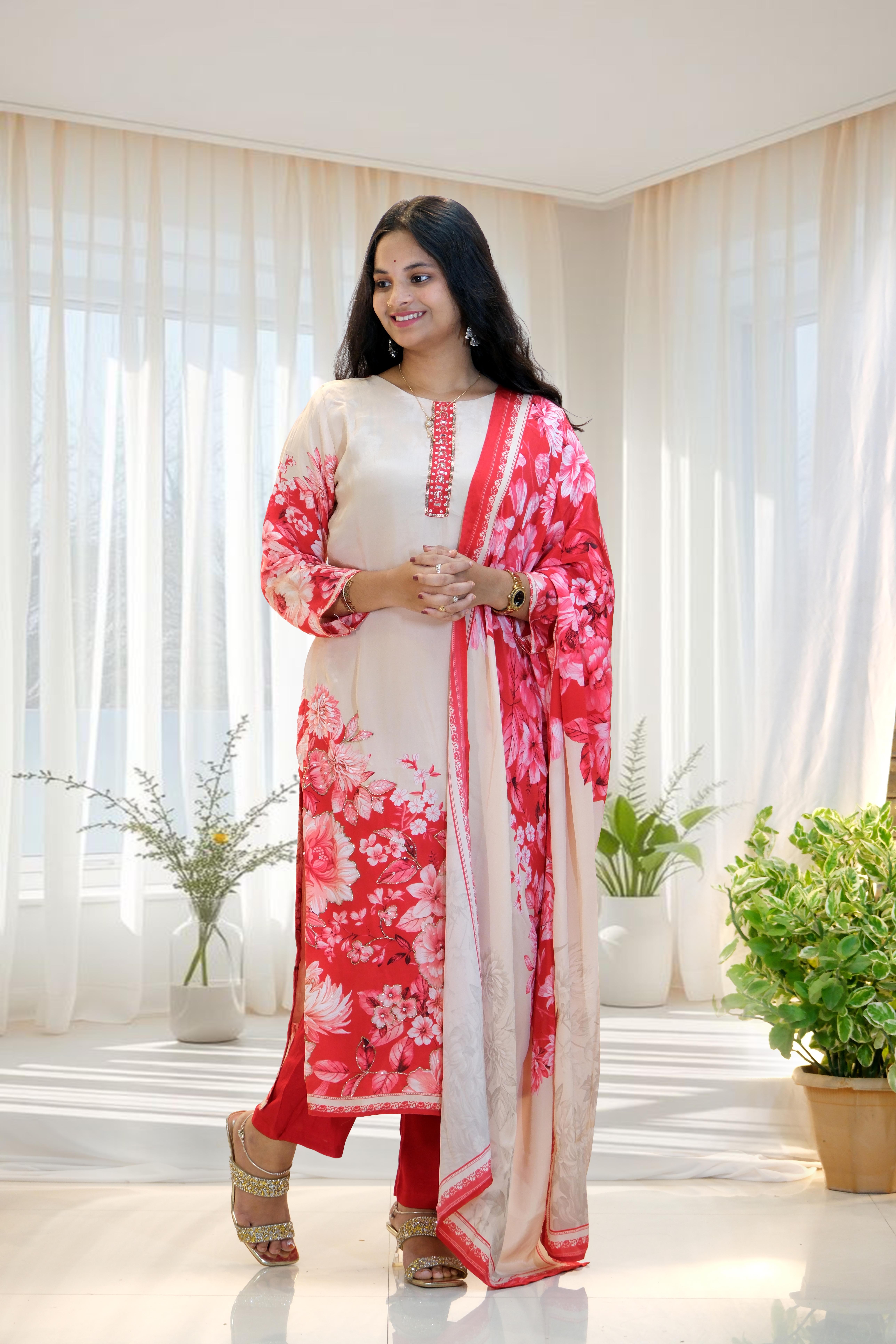 Elegant Floral Printed Pakistani Suit