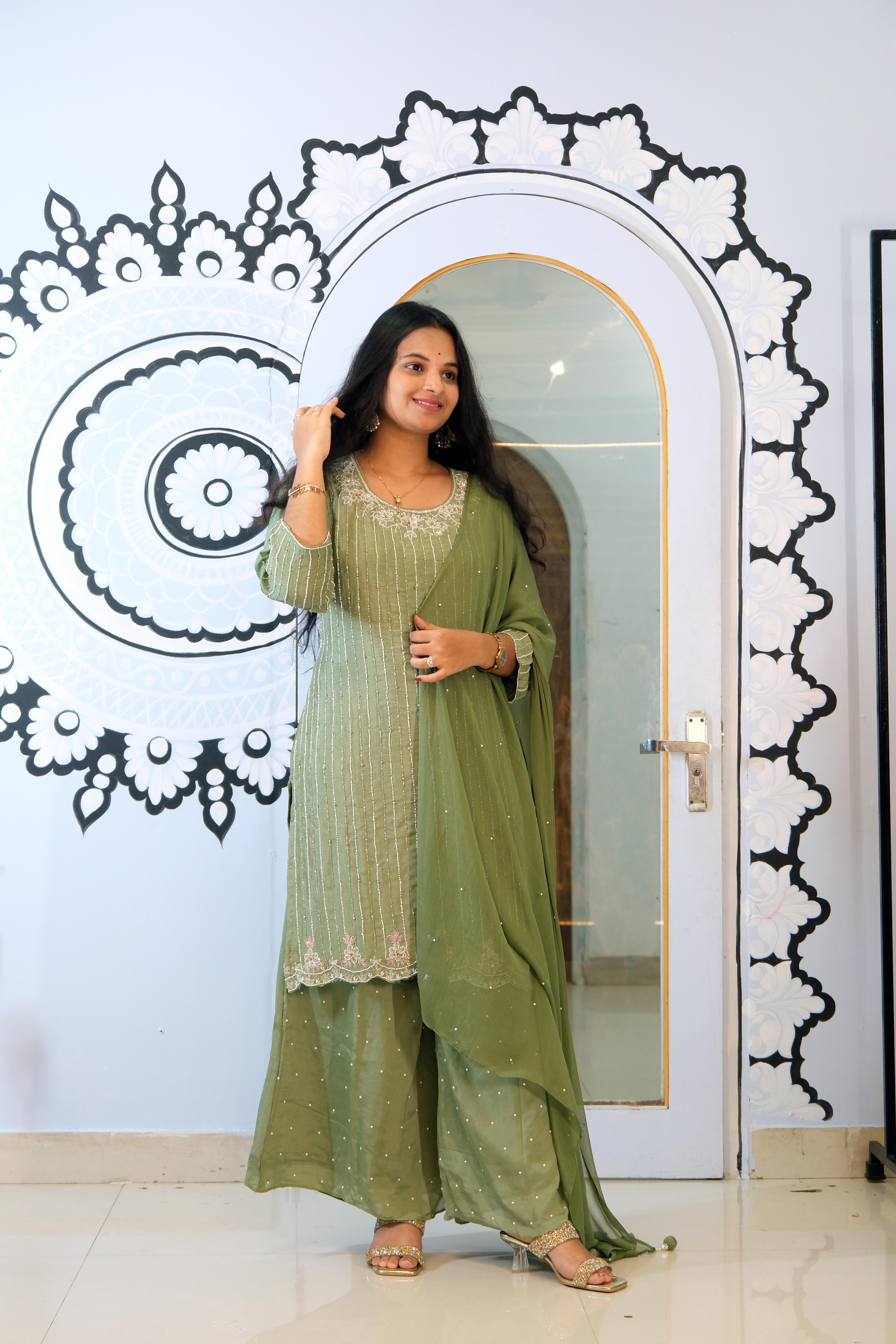 Elegant Olive Green Handwork plazzo Suit