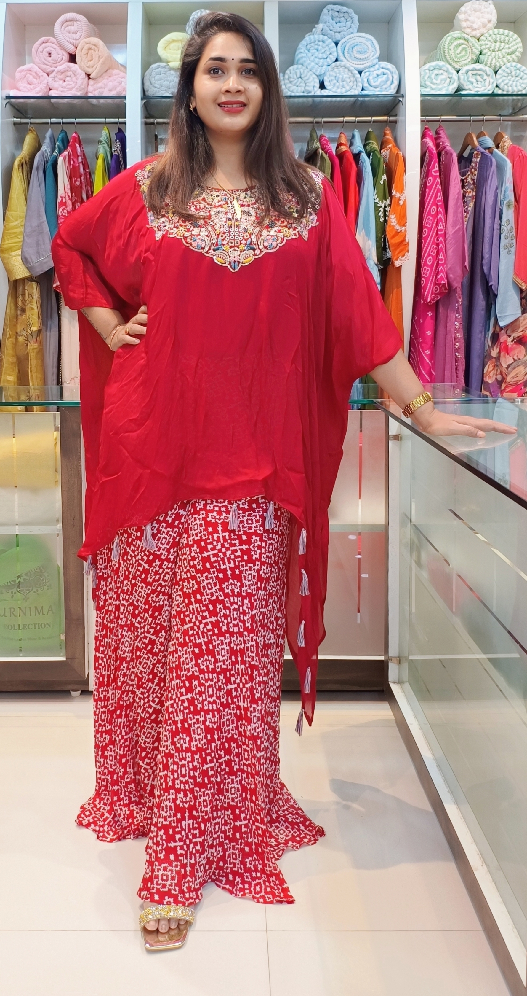 Red Printed Kaftan and Palazzo Set