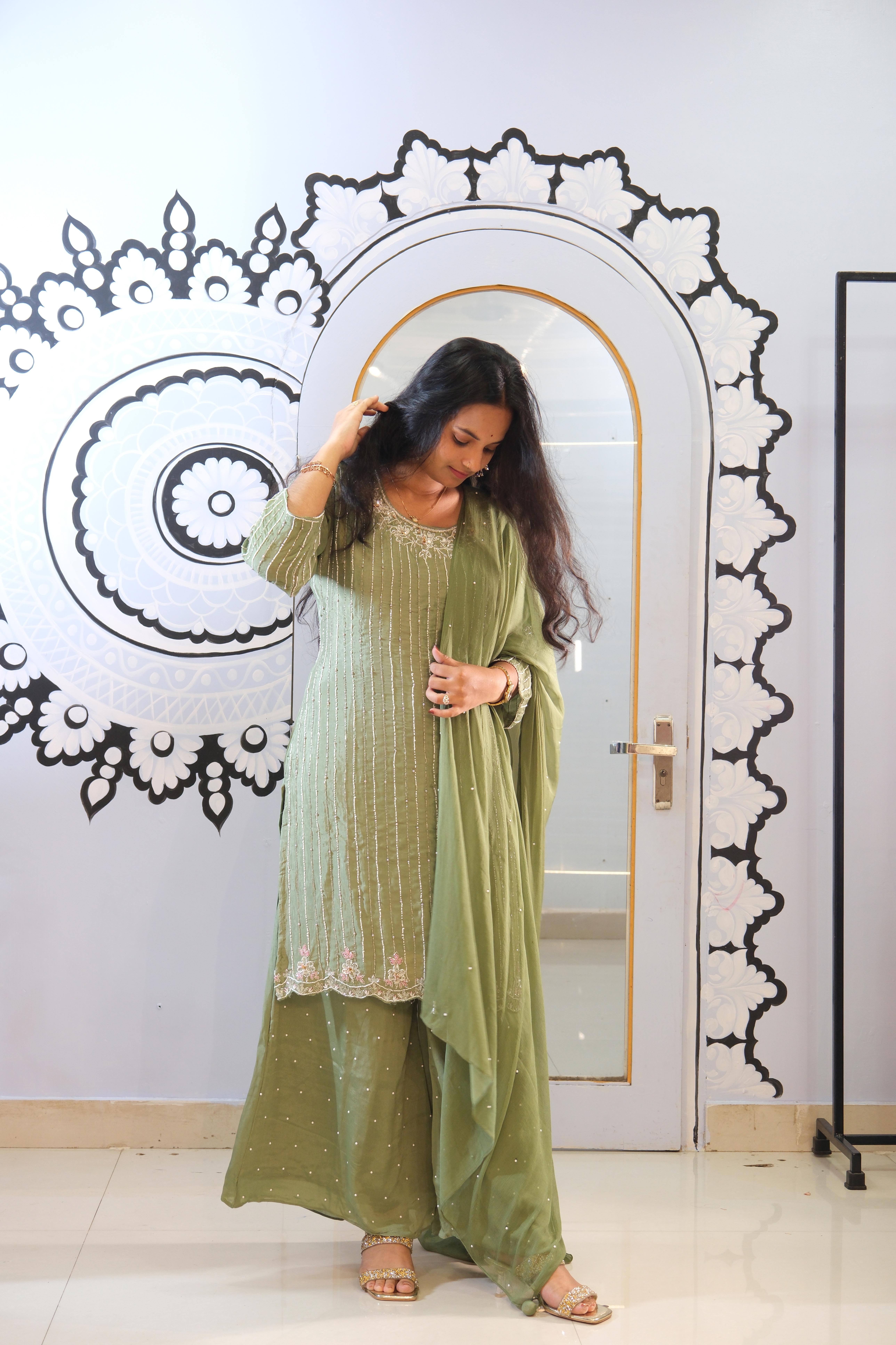Elegant Olive Green Handwork plazzo Suit
