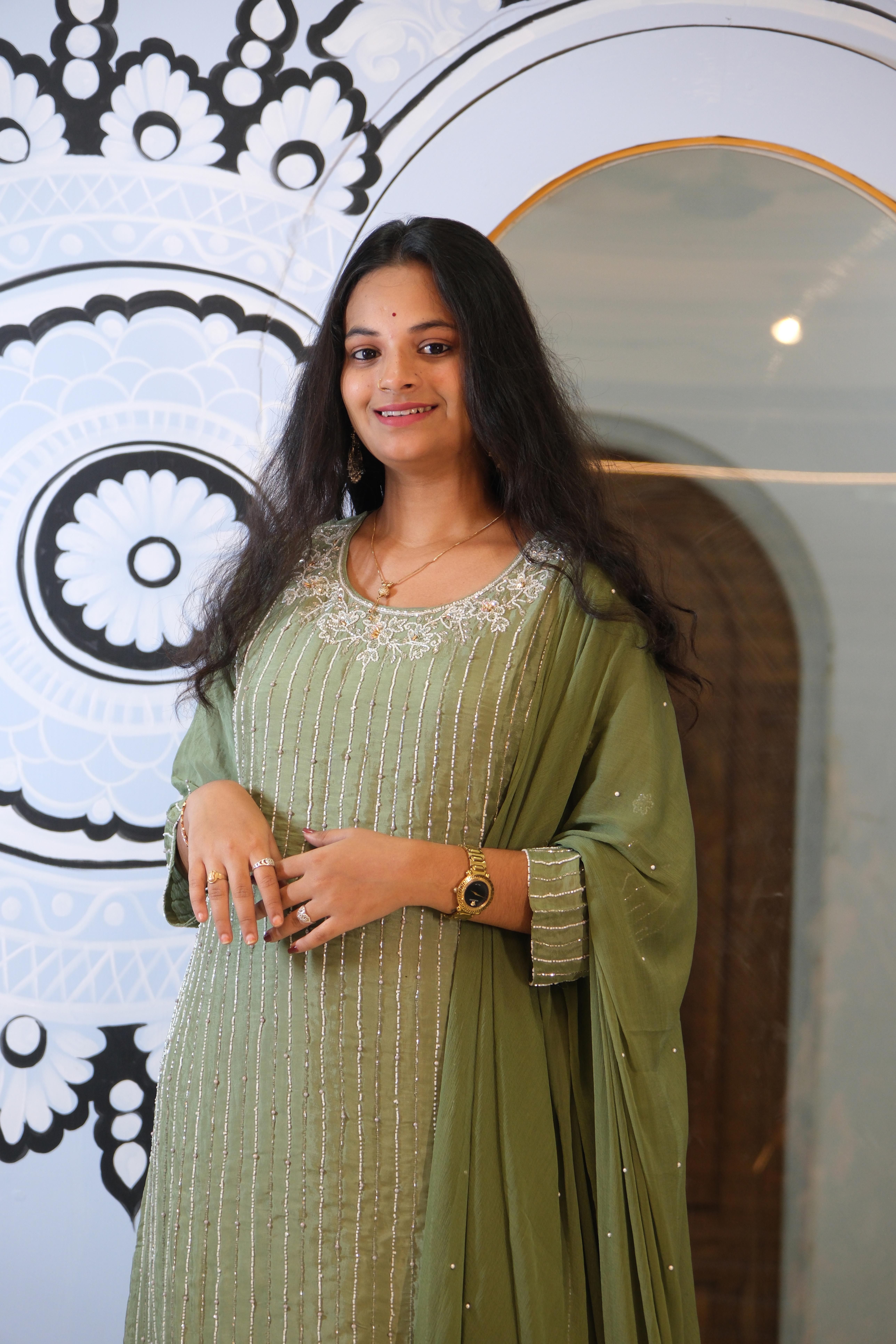 Elegant Olive Green Handwork plazzo Suit