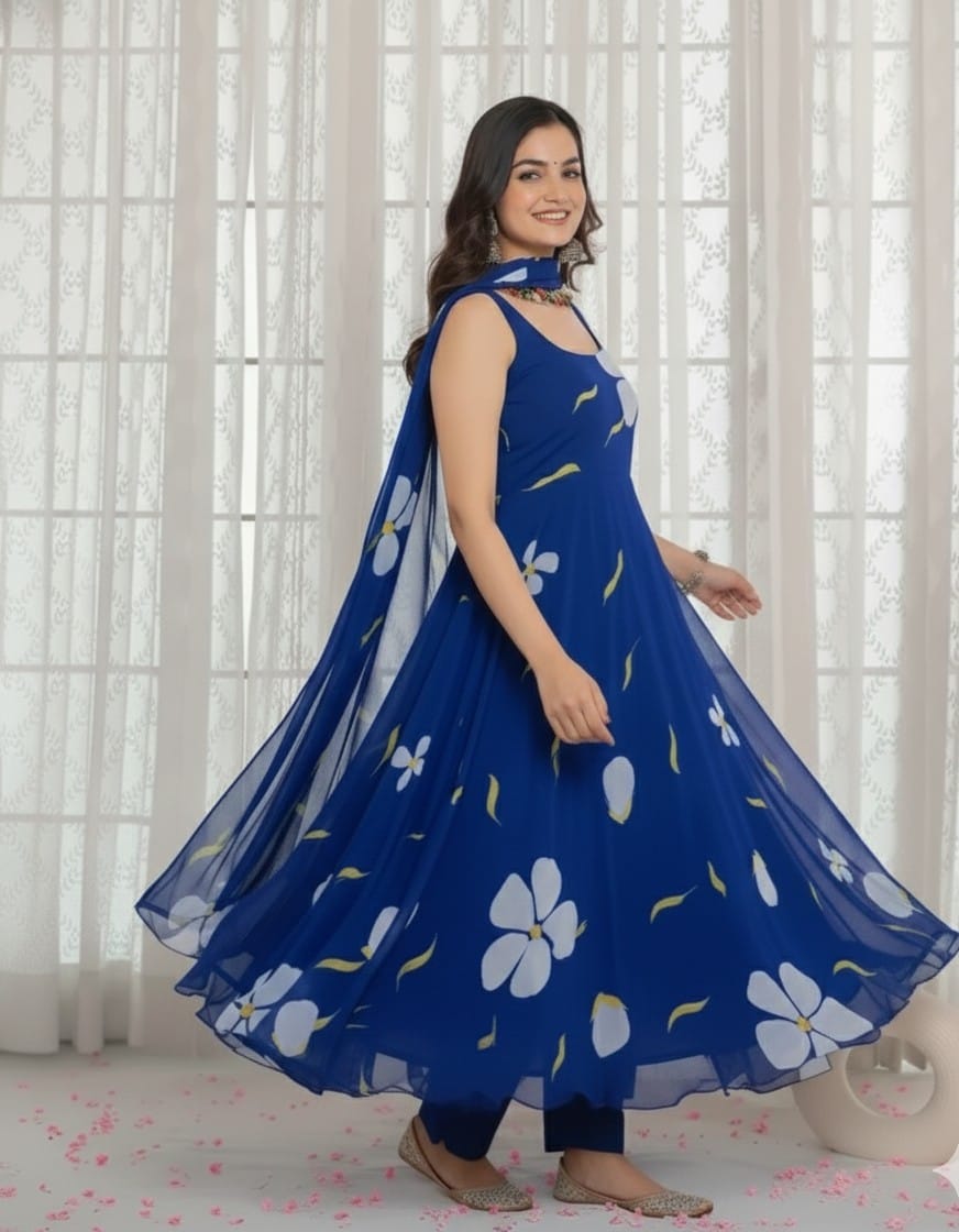 Blue Floral Anarkali Dress