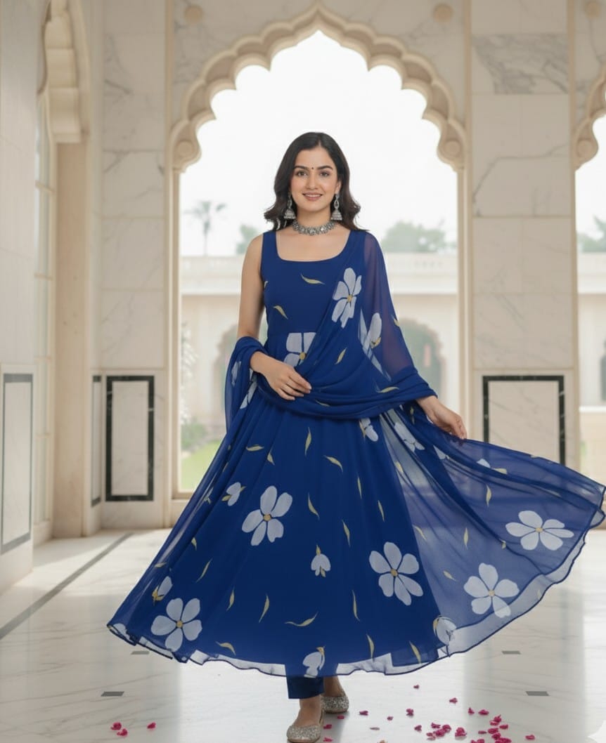 Blue Floral Anarkali Dress