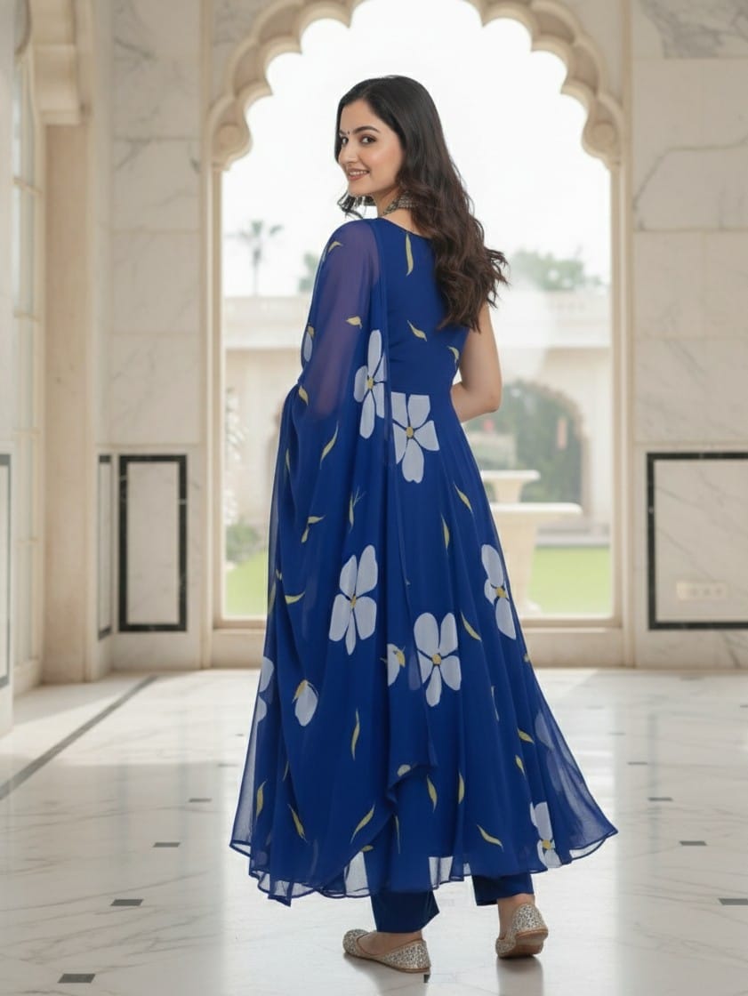 Blue Floral Anarkali Dress