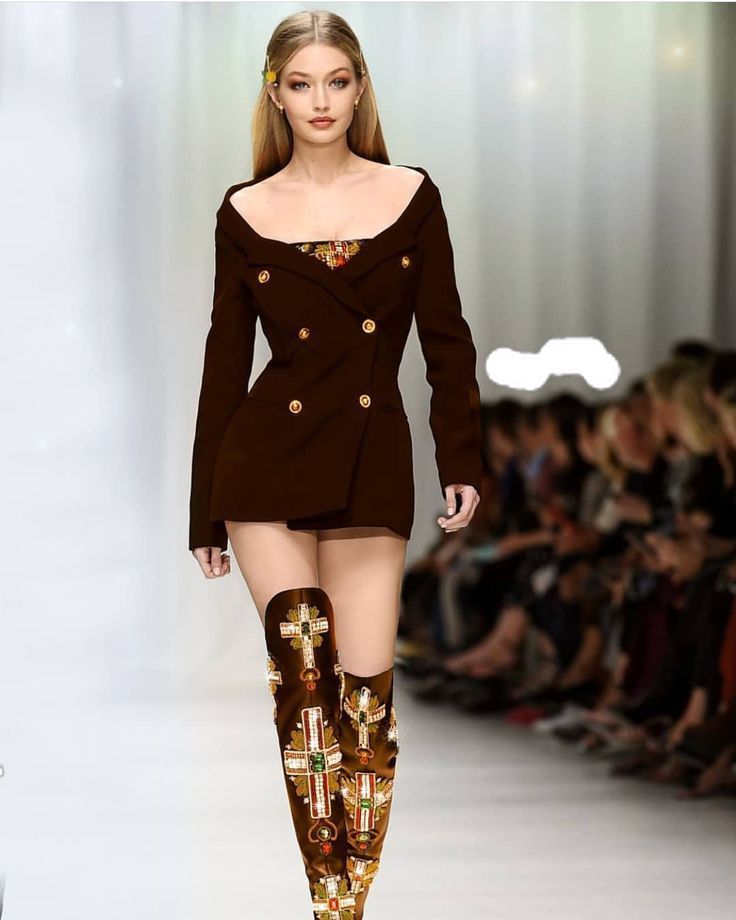 Brown Double-Breasted Blazer Dress with Ornate Thigh-High Boots