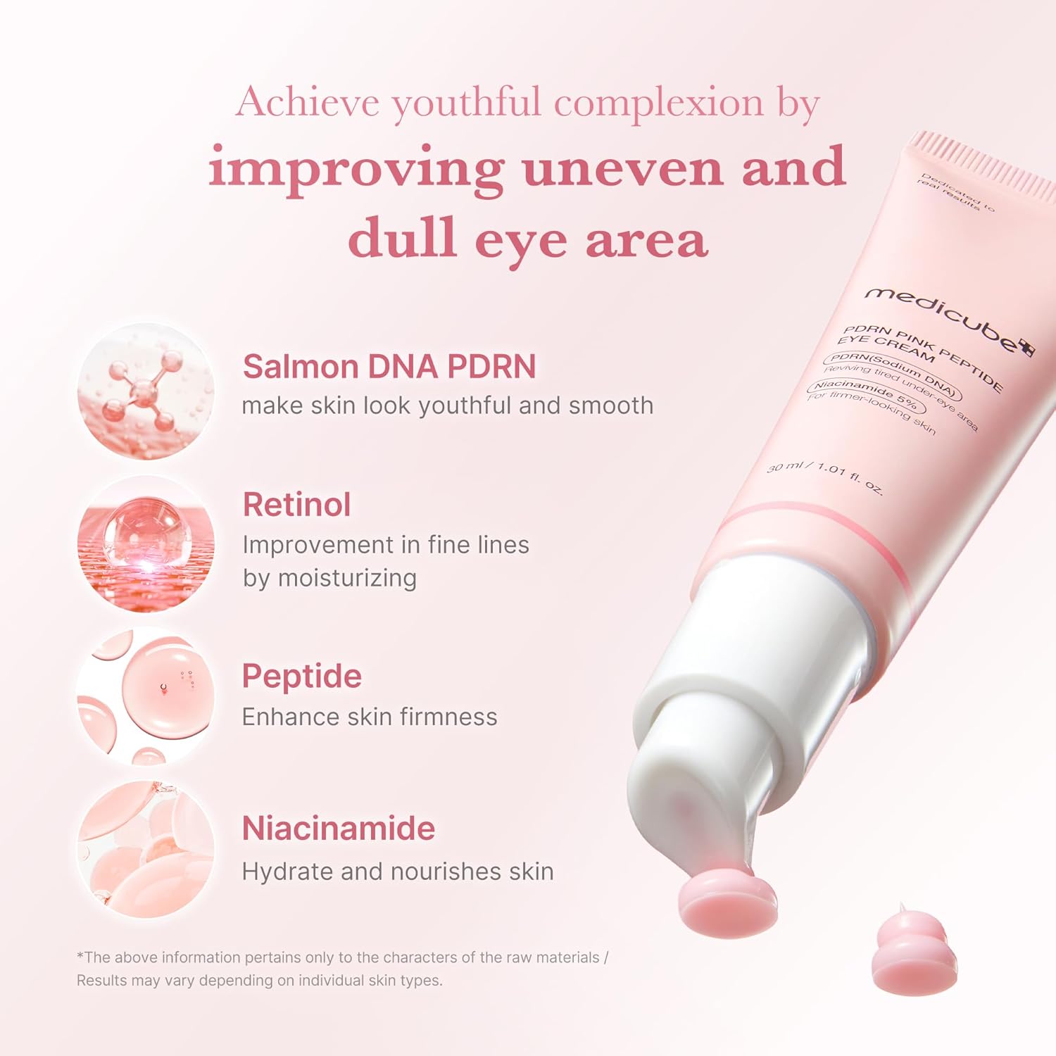 Medicube Pink Peptide Eye Serum with Salmon DNA, Niacinamide & 99% Pure Retinol Eye Cream 30ml