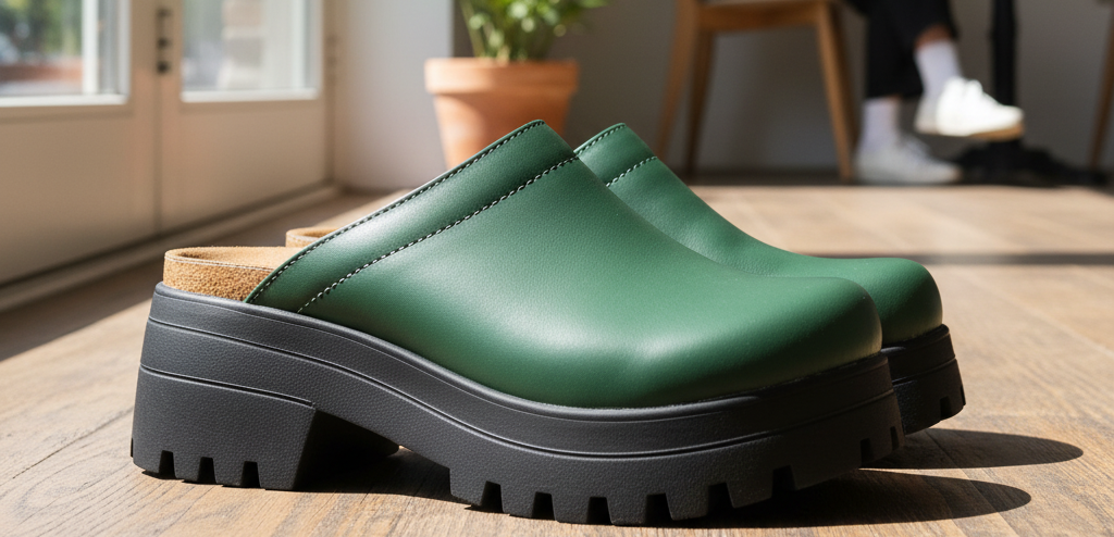 Green chunky platform clogs