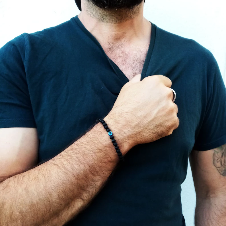 Men's Black Beaded Bracelet Evil Eye