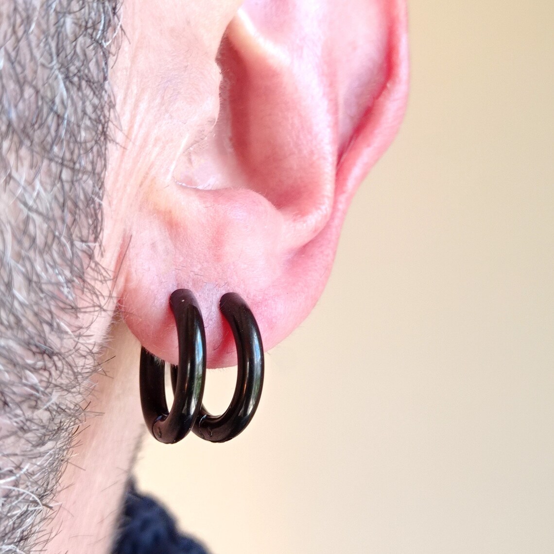 Extra Wide Black Steel Huggie Hoop Earrings for Men -
