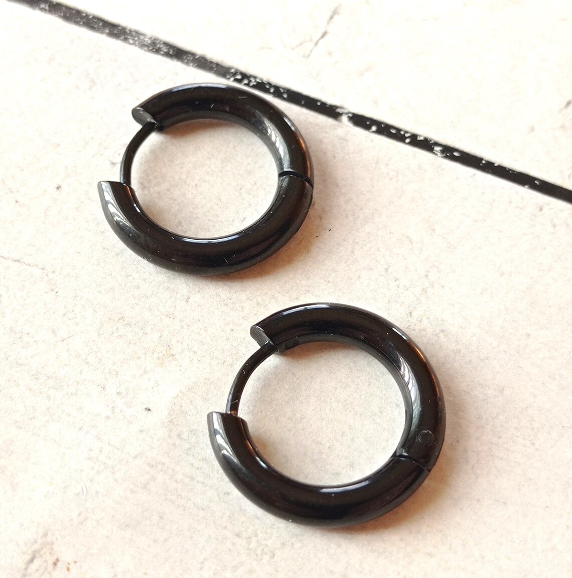 Extra Wide Black Steel Huggie Hoop Earrings for Men -