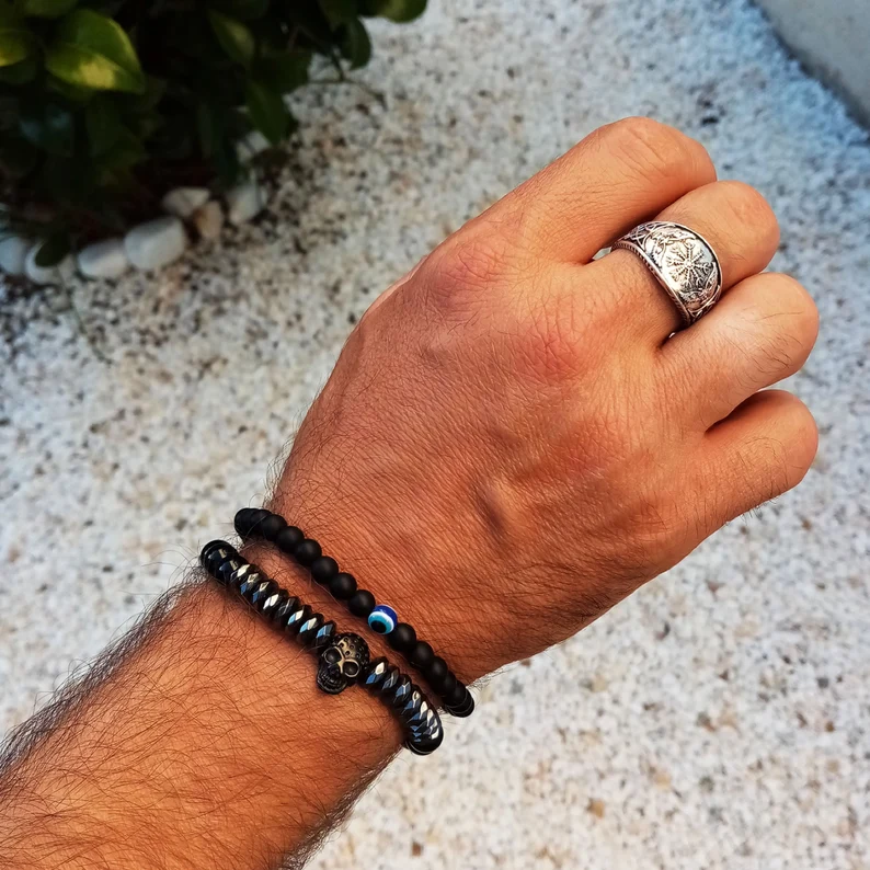 Men's Black Beaded Bracelet Evil Eye