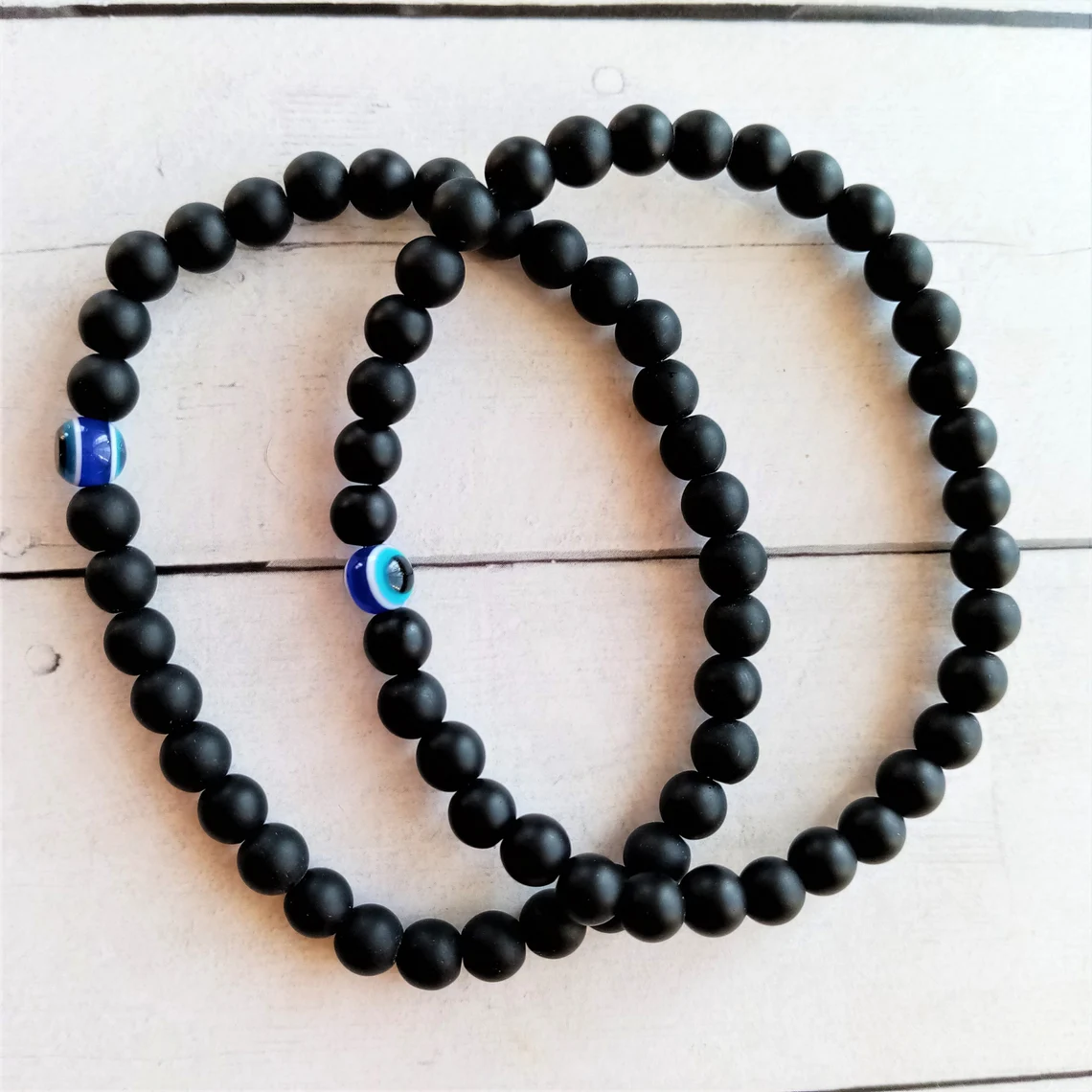 Men's Black Beaded Bracelet Evil Eye