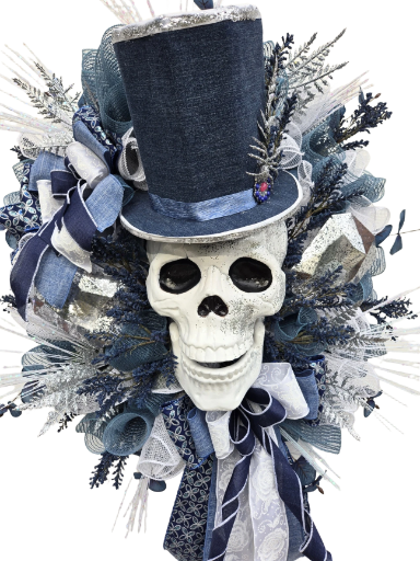 "Denim & Diamonds" – Luxury Skull Wreath in Navy, White, and Silver