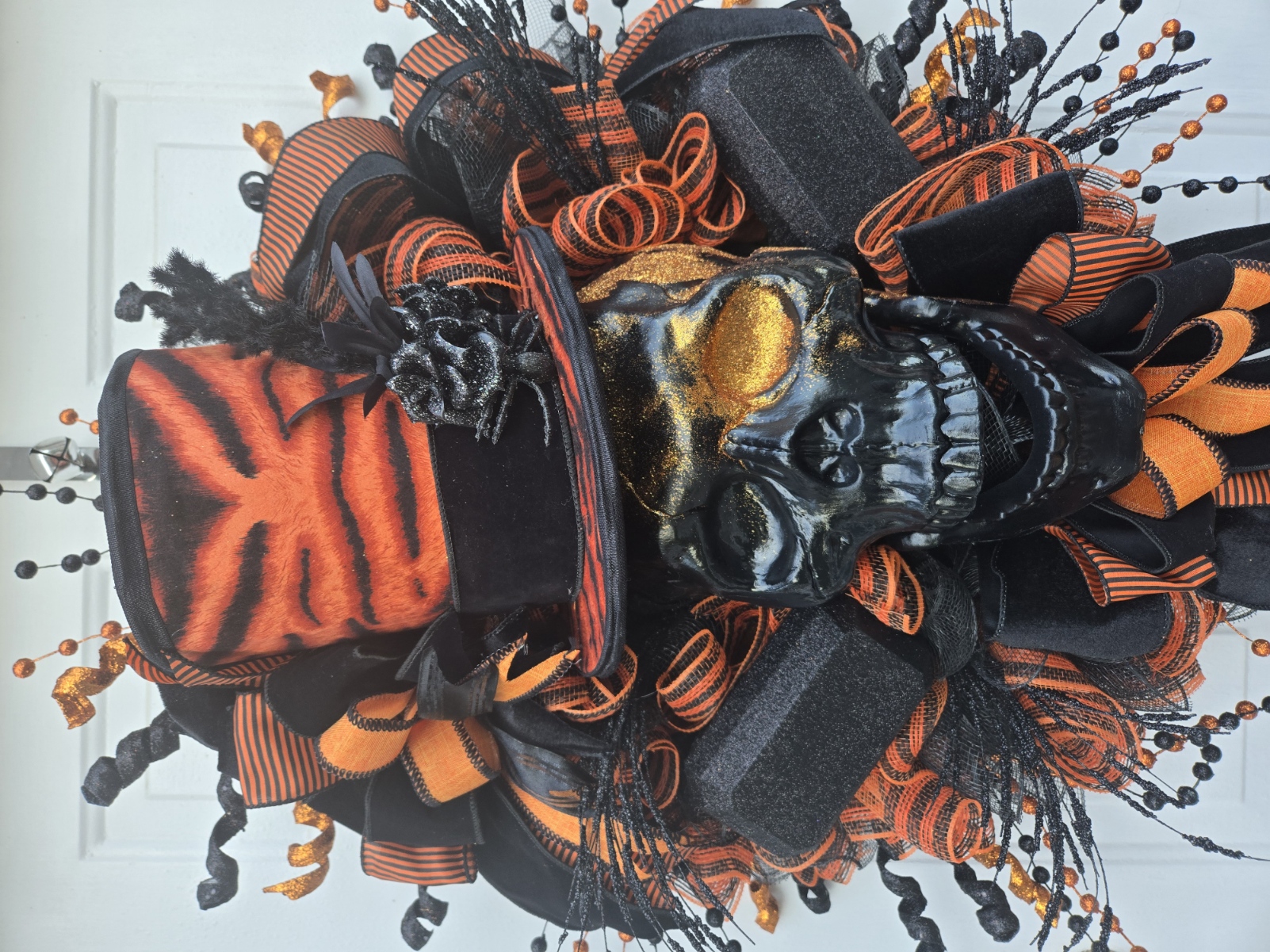 "Halloween Sophistication" – Gothic Black & Orange Skull Wreath