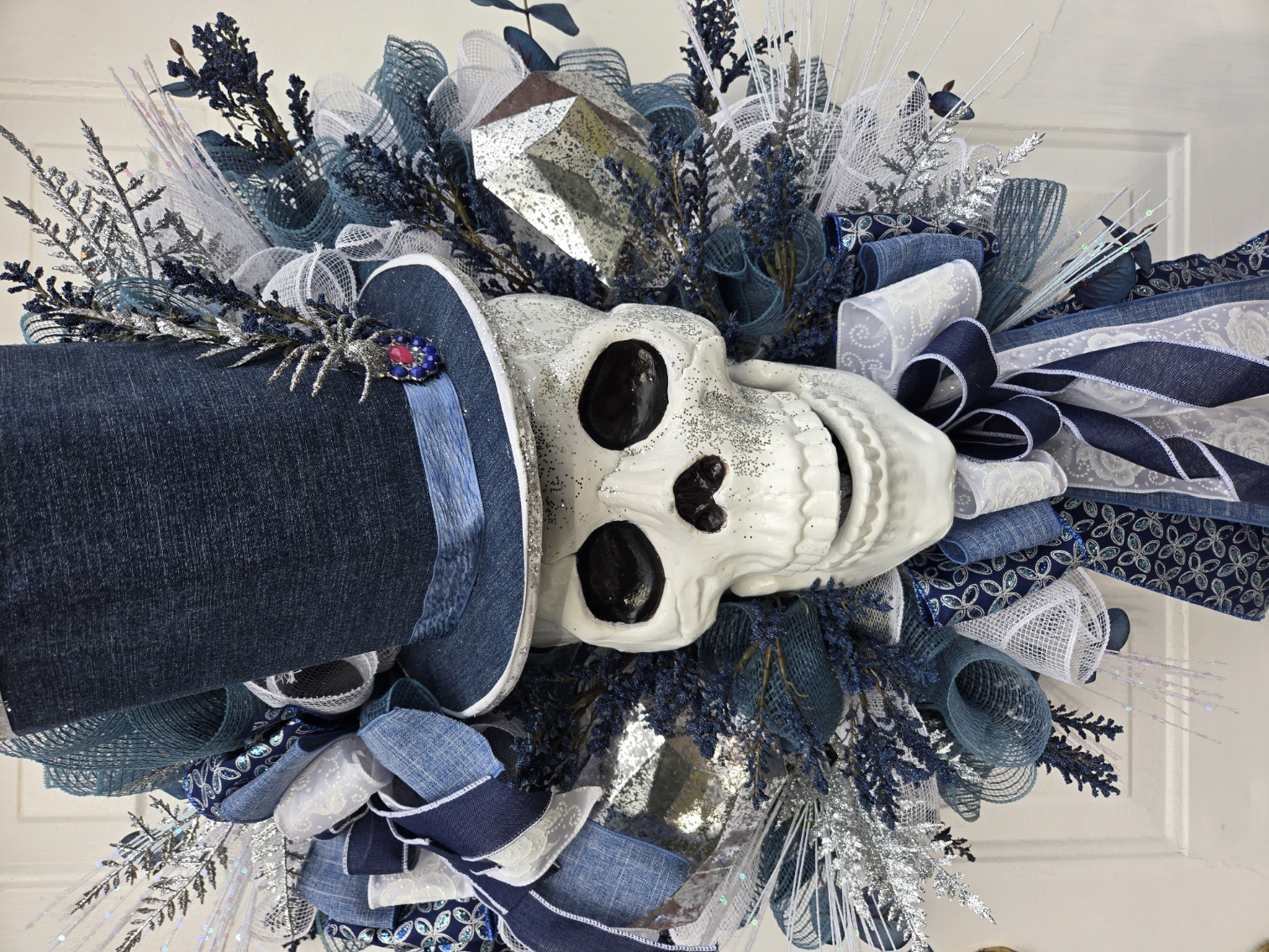 "Denim & Diamonds" – Luxury Skull Wreath in Navy, White, and Silver