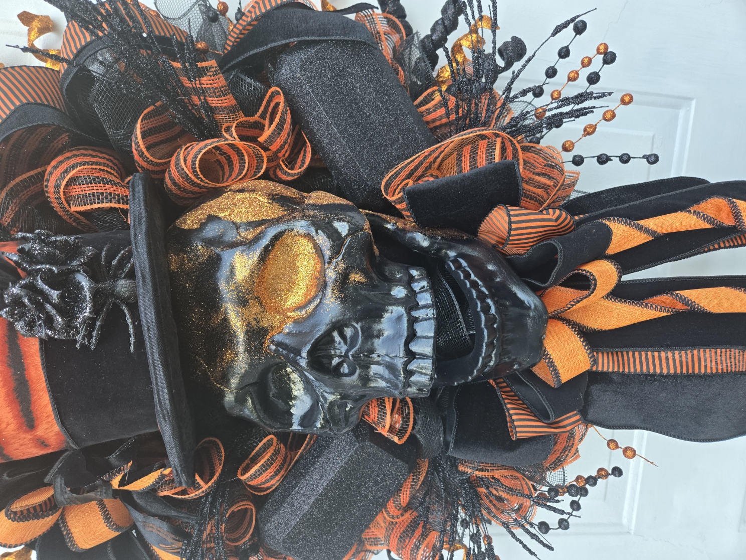 "Halloween Sophistication" – Gothic Black & Orange Skull Wreath