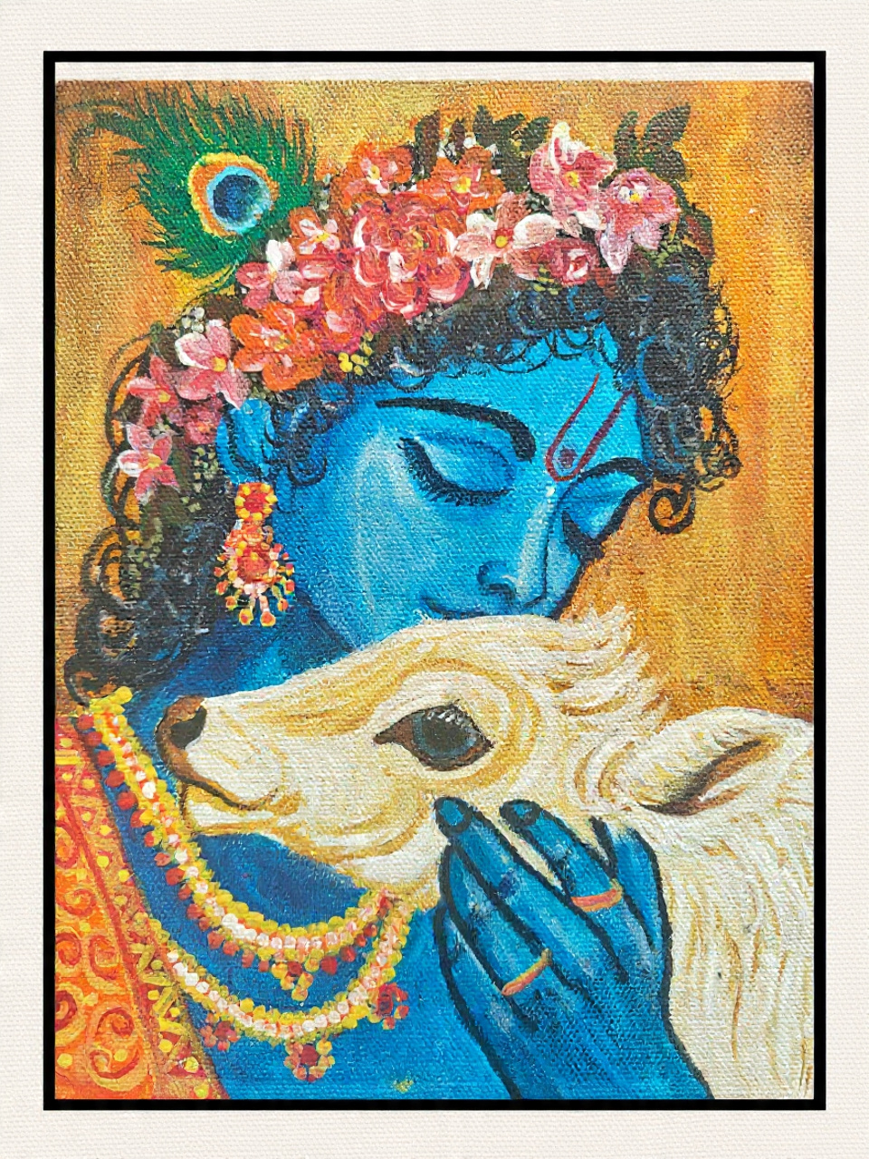 Krishna with Calf – Divine Love Hand-Painted Canvas by Anamika Bhakat
