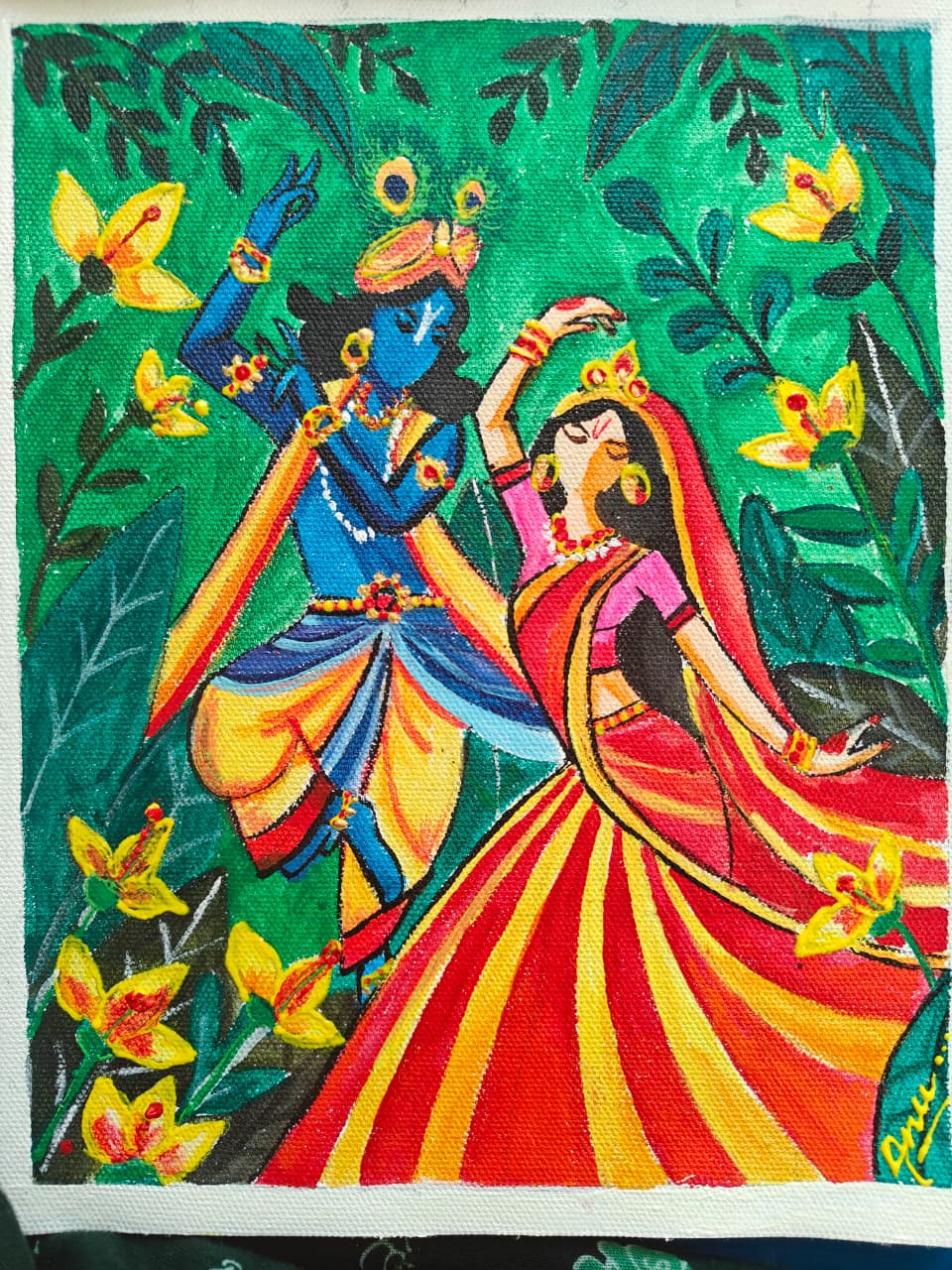 Divine Dance of Radha Krishna – 8x10 Inch Hand-Painted Canvas by Anamika Bhakat