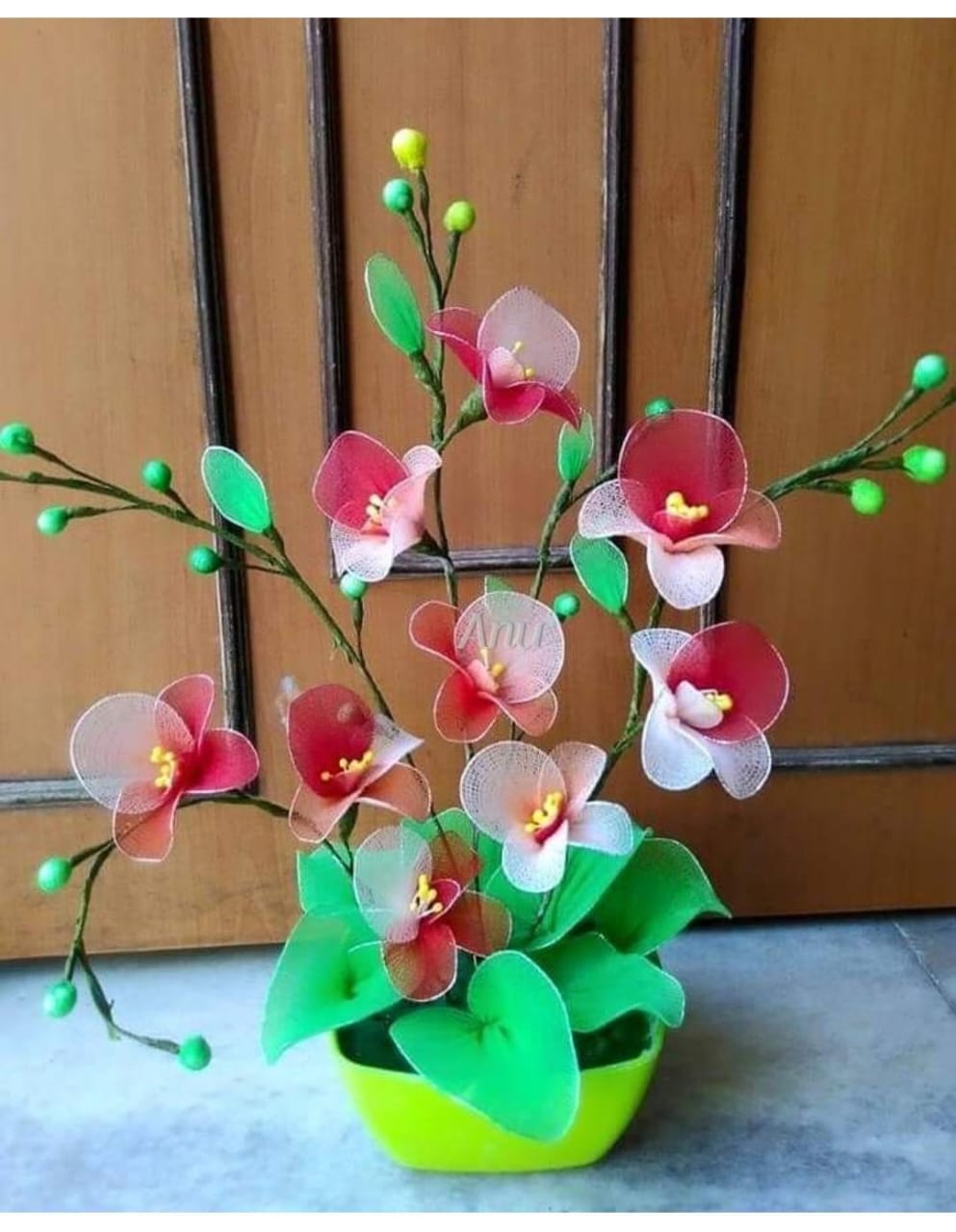 Handcrafted Nylon Stocking Orchid Flower Arrangement – Table-Top Home Décor