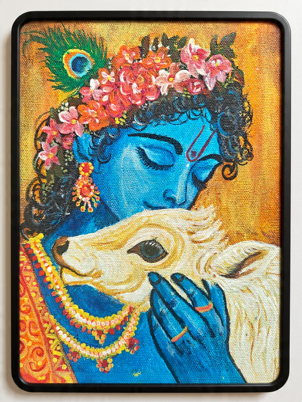 Krishna with Calf – Divine Love Hand-Painted Canvas by Anamika Bhakat