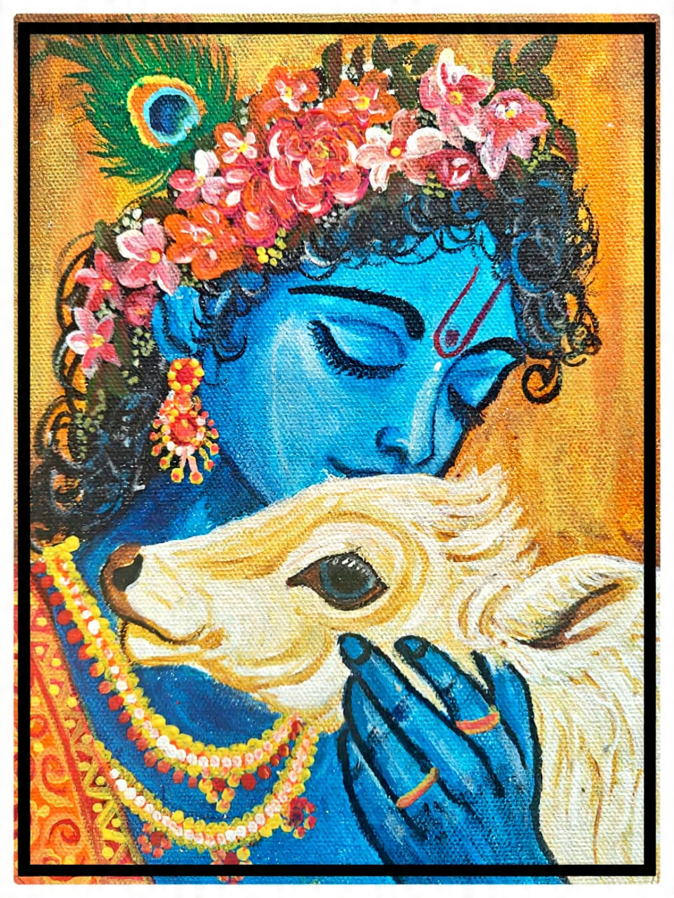 Krishna with Calf – Divine Love Hand-Painted Canvas by Anamika Bhakat