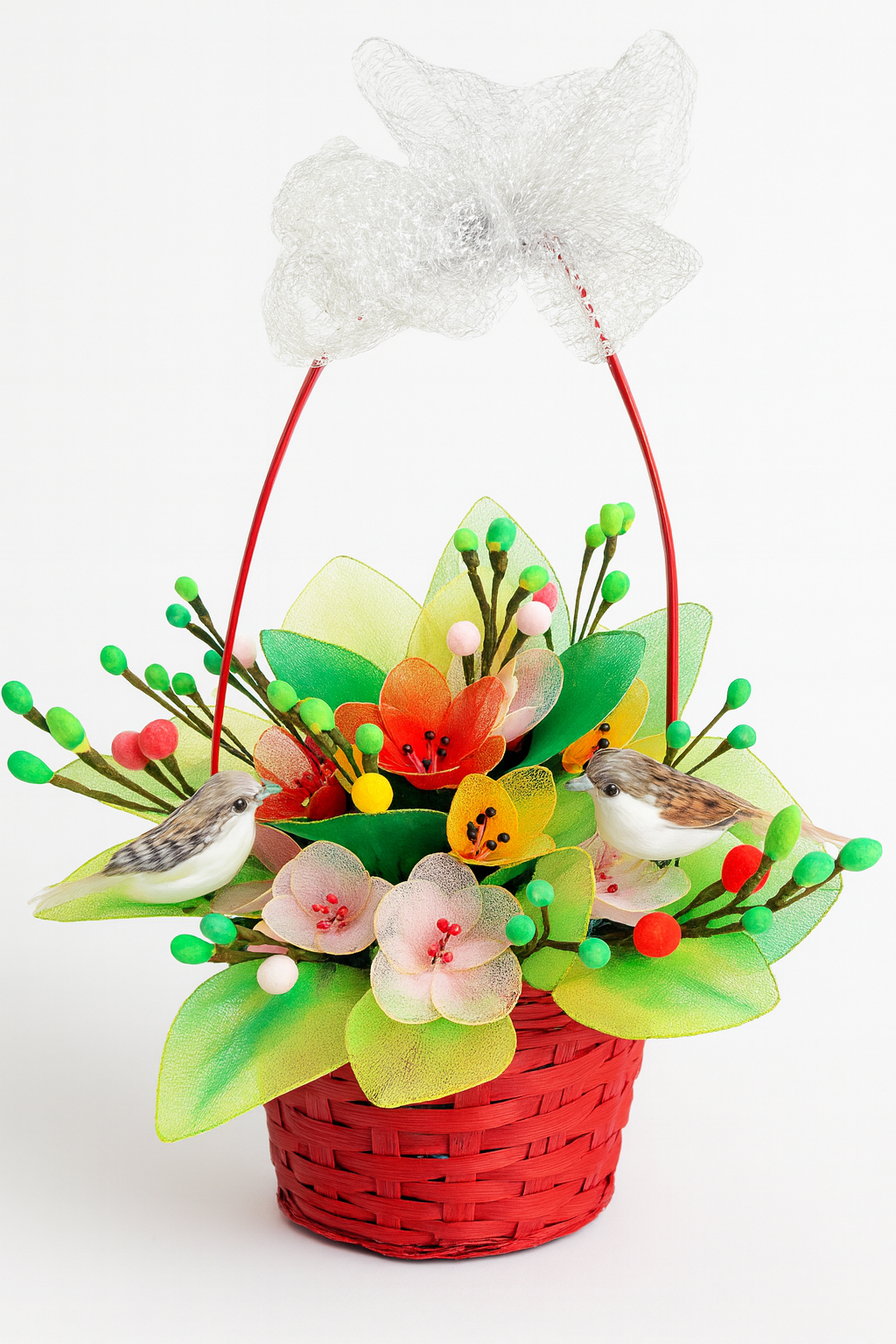 Handcrafted Nylon Stocking Flower Basket with Decorative Birds – Gift & Home Décor Piece