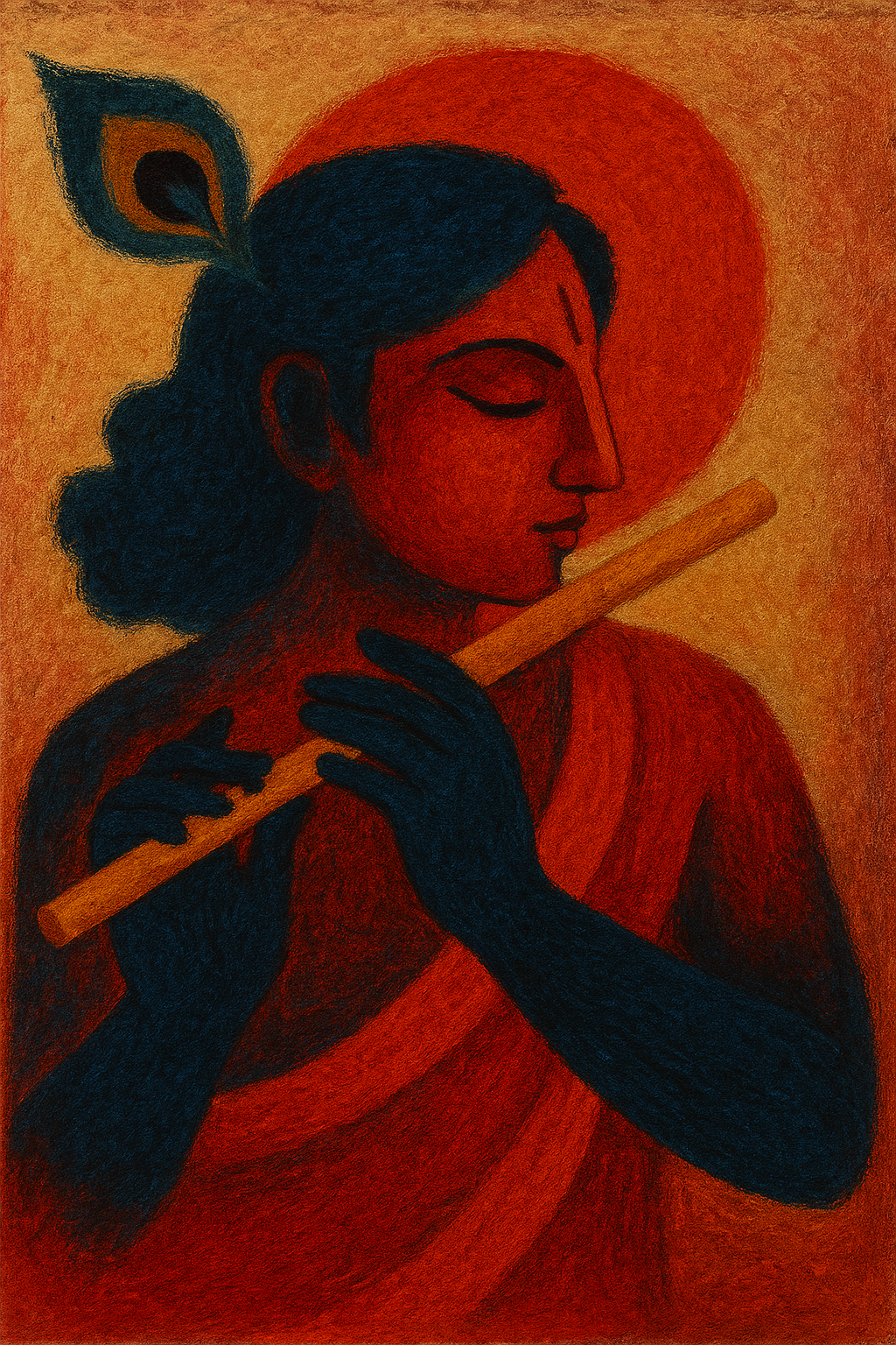Divine Melody – Hand-Painted Krishna Art by C. Bhakat (Size 12×18 inches)